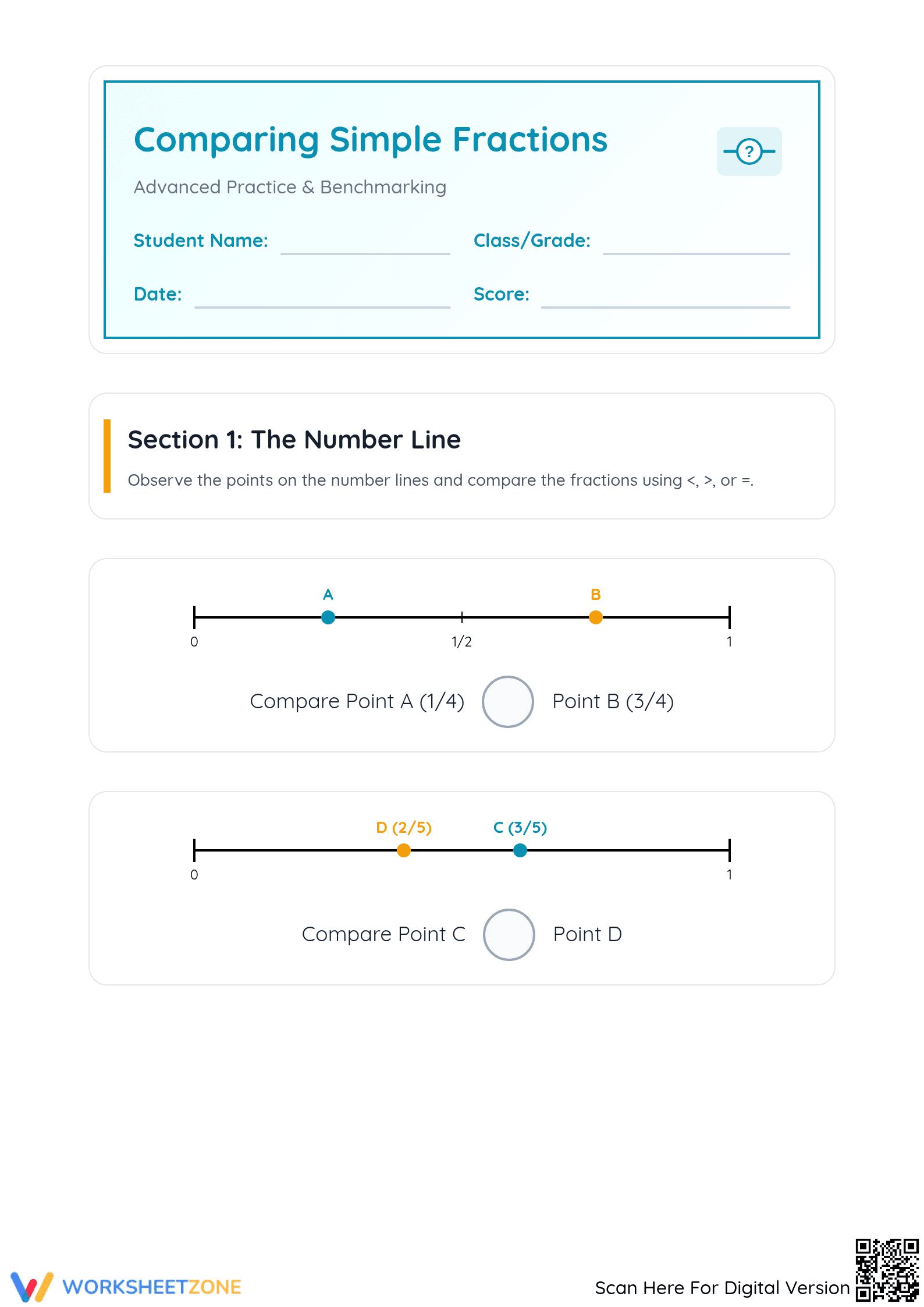 Comparing Fractions Grade 4 Worksheet: Essential 4.NF.A.2 - Page 1