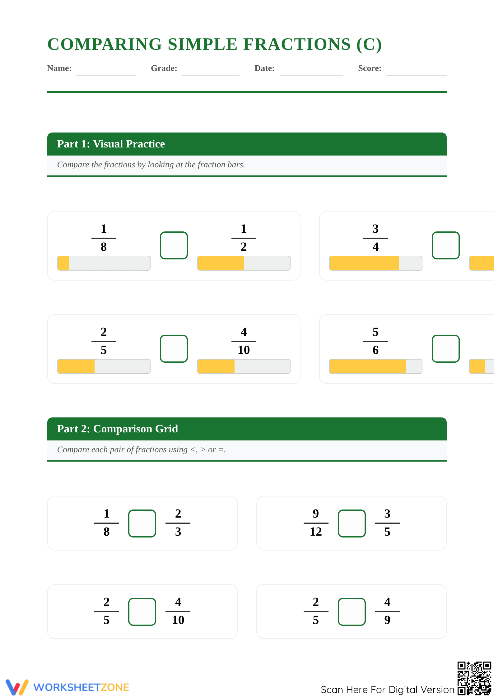 Printable Comparing Simple Fractions Worksheet | Grade 4 - Page 1