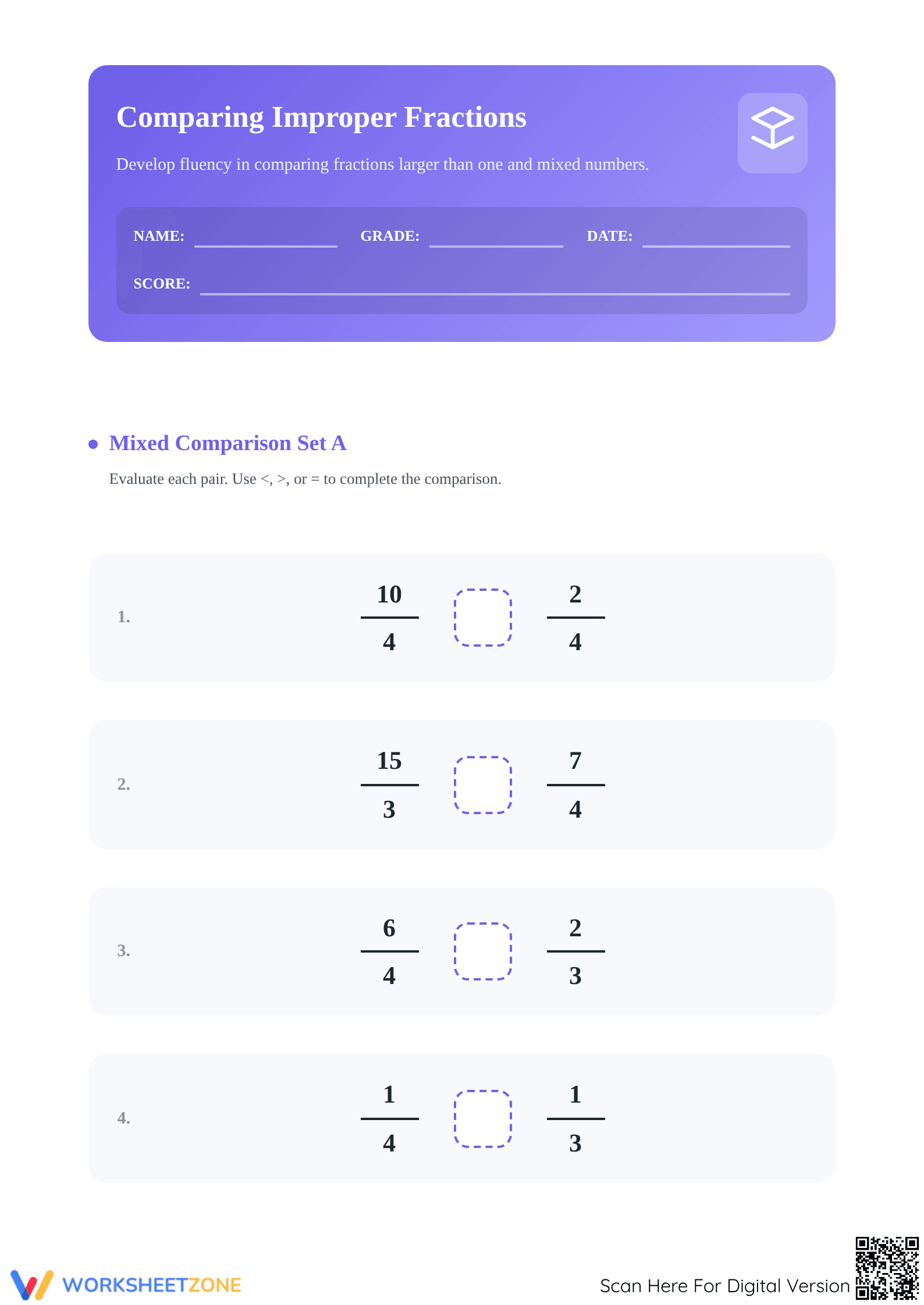 Printable Comparing Simple and Improper Fractions Worksheet - Page 1