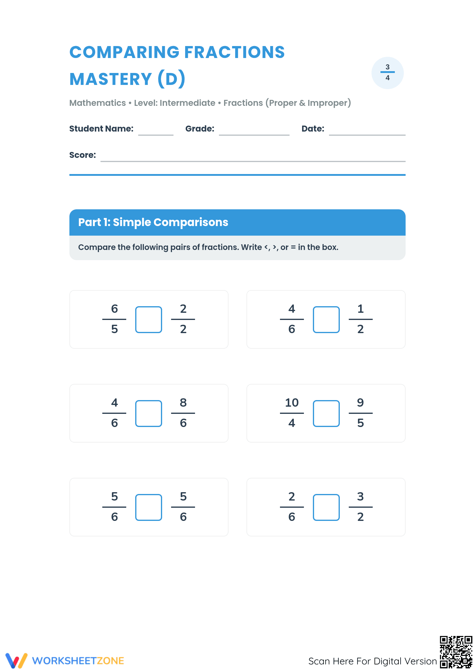 Essential Comparing Proper and Improper Fractions Worksheet - Page 1