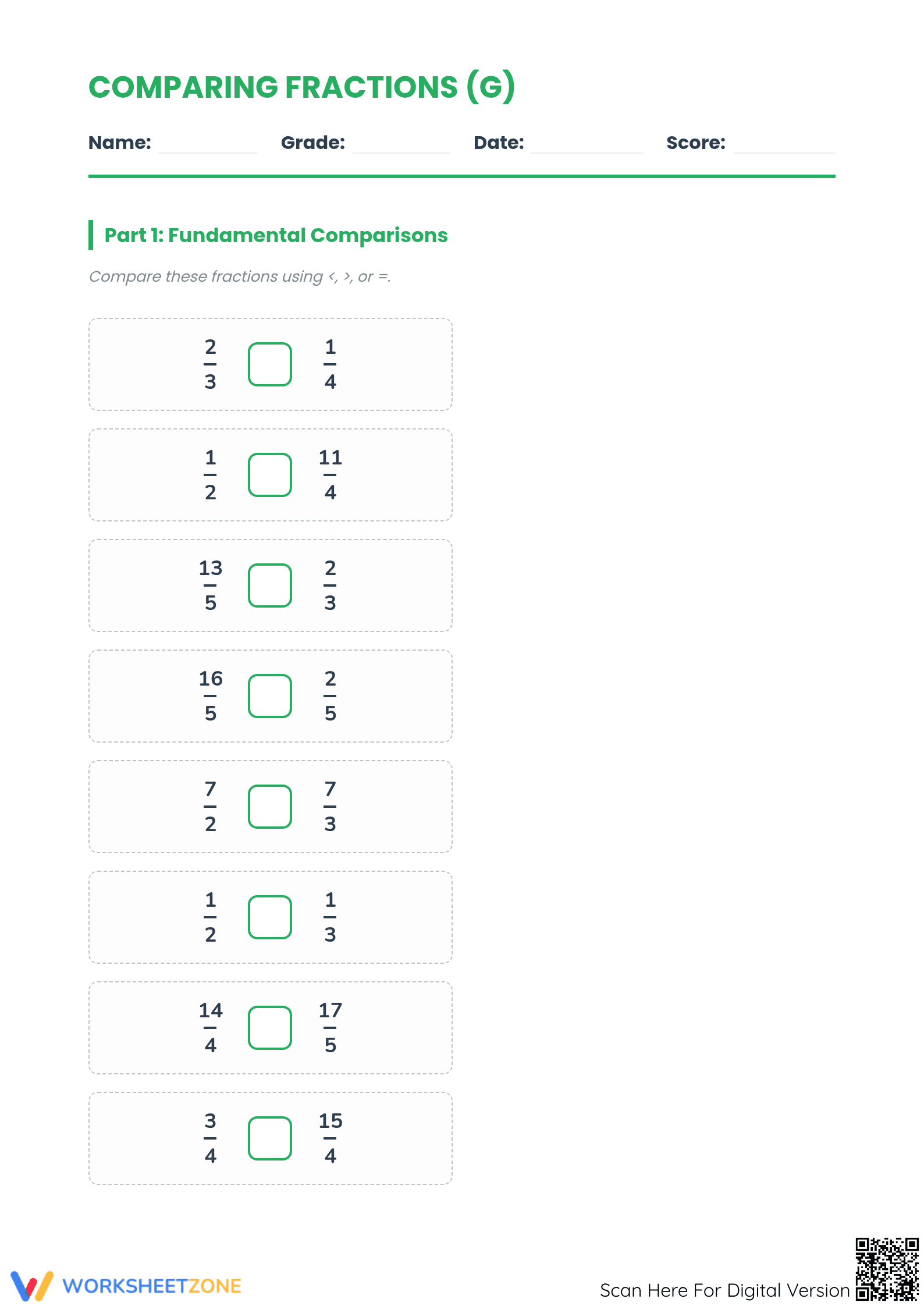 Printable Comparing Simple and Improper Fractions Worksheet - Page 1