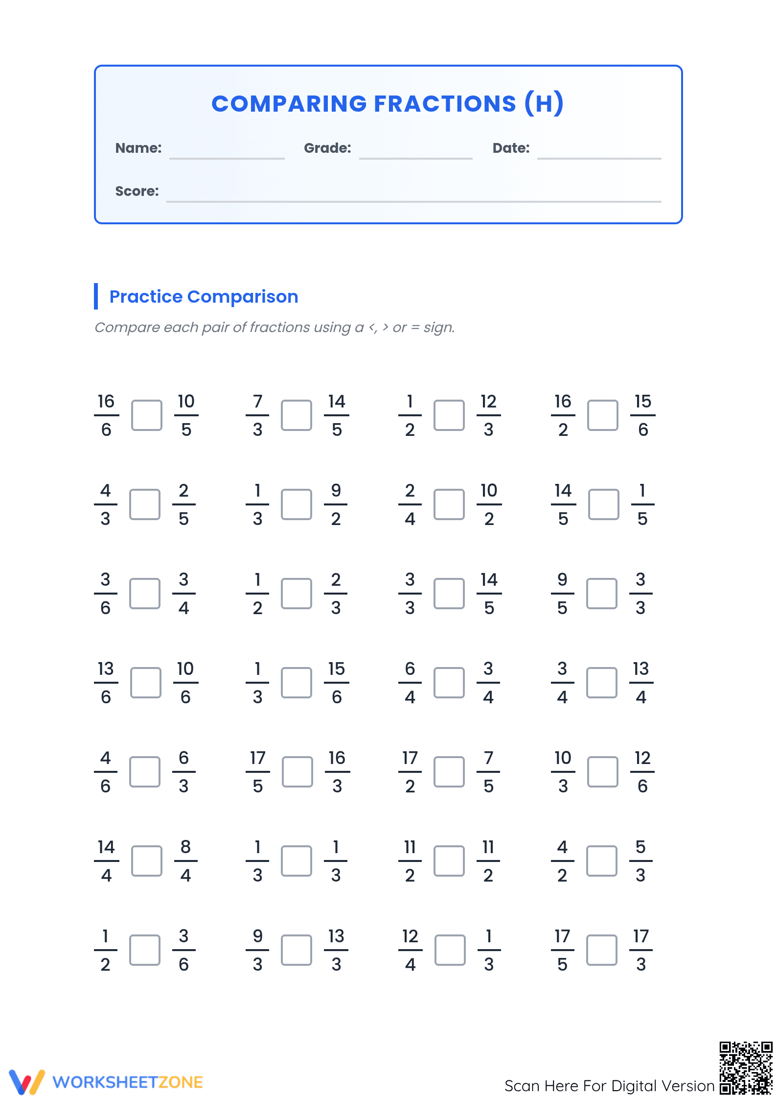 Grade 4 Comparing Improper Fractions | Essential Worksheet - Page 1