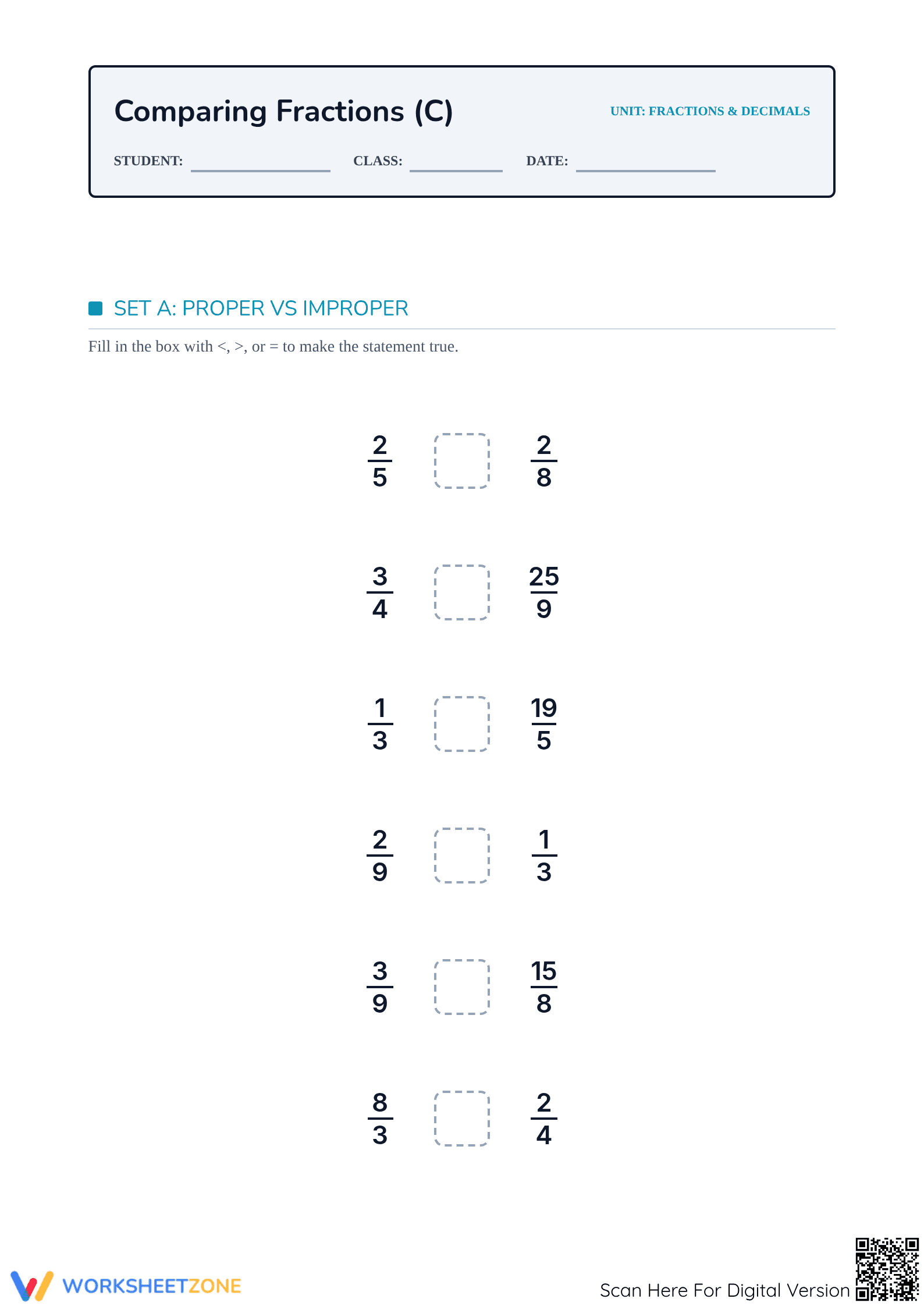 Printable Comparing Simple and Improper Fractions Worksheet - Page 1