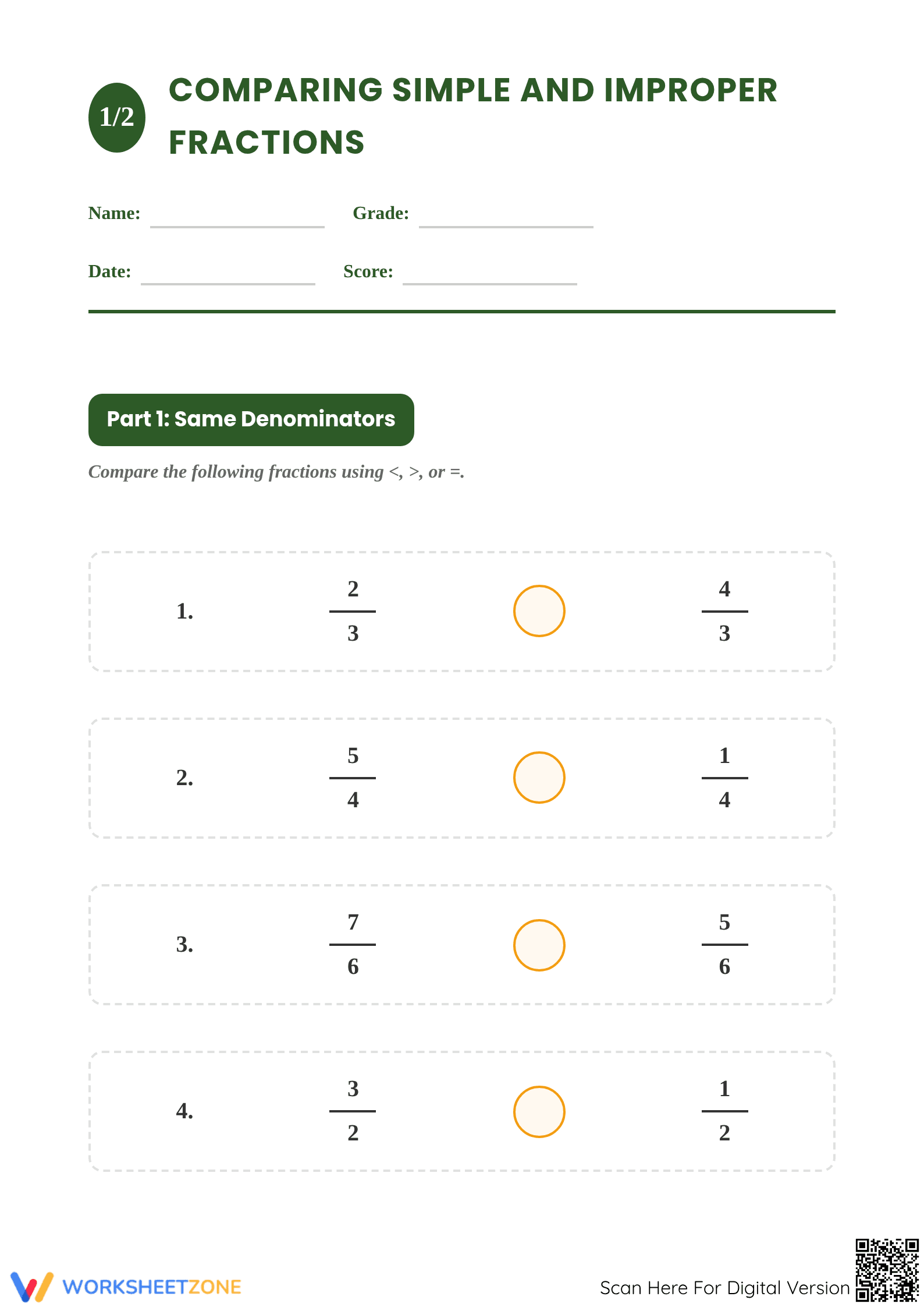 Essential Comparing Simple and Improper Fractions Worksheet - Page 1