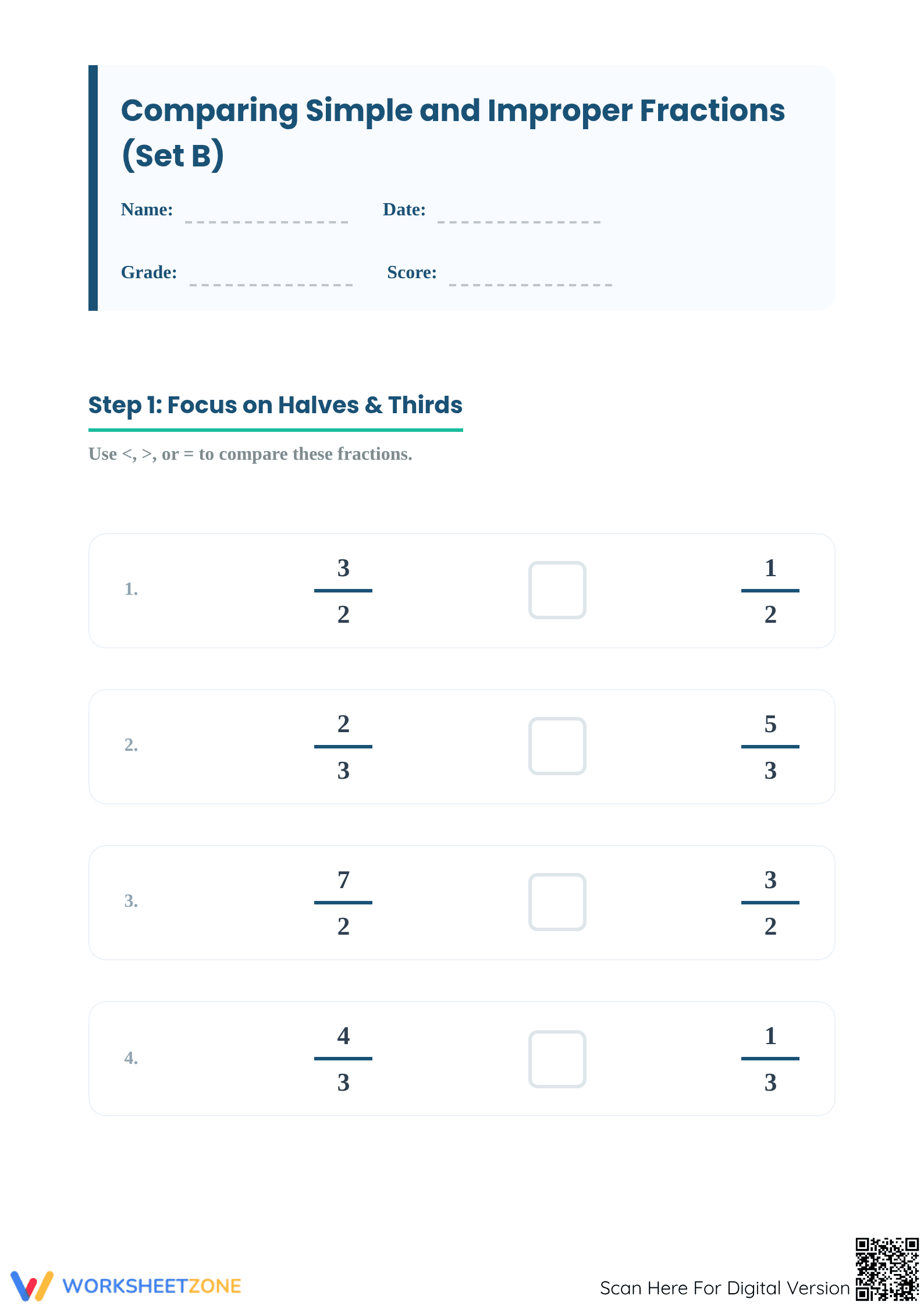 Comparing Improper Fractions | Essential Grade 4 Worksheet - Page 1