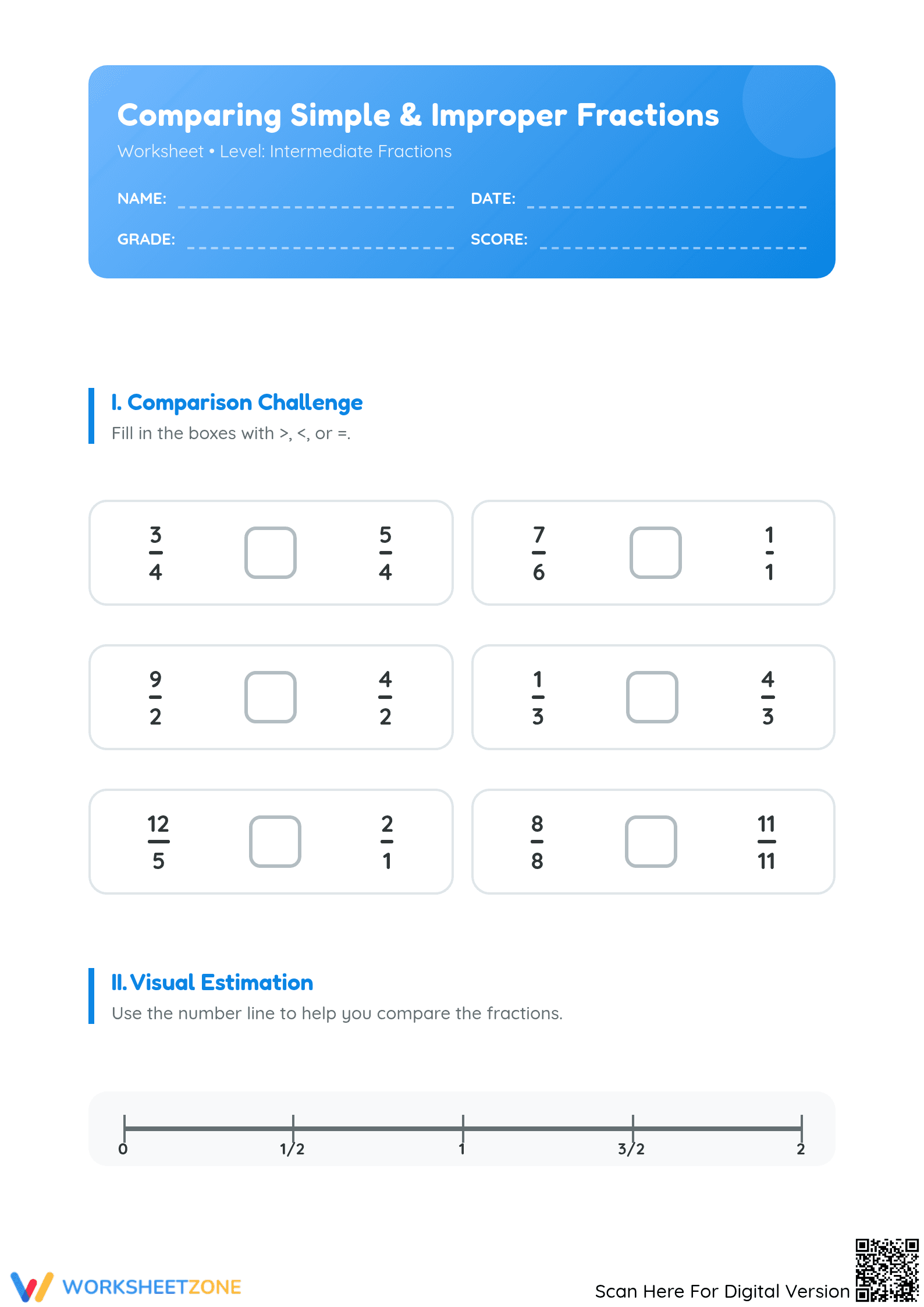 Printable Comparing Simple and Improper Fractions Worksheet - Page 1