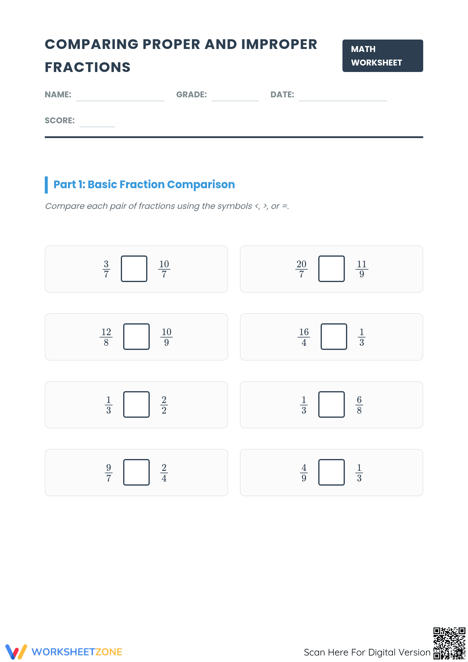 Essential Comparing Proper and Improper Fractions Worksheet - Page 1