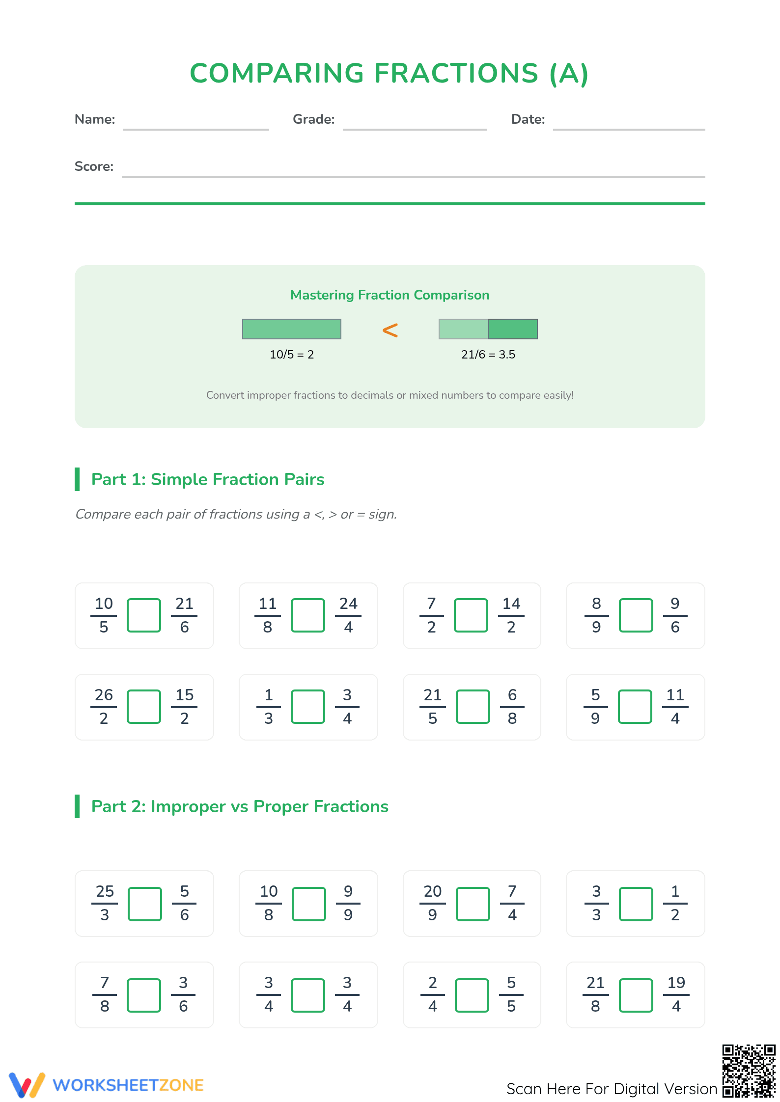 Printable Comparing Simple and Improper Fractions Worksheet - Page 1