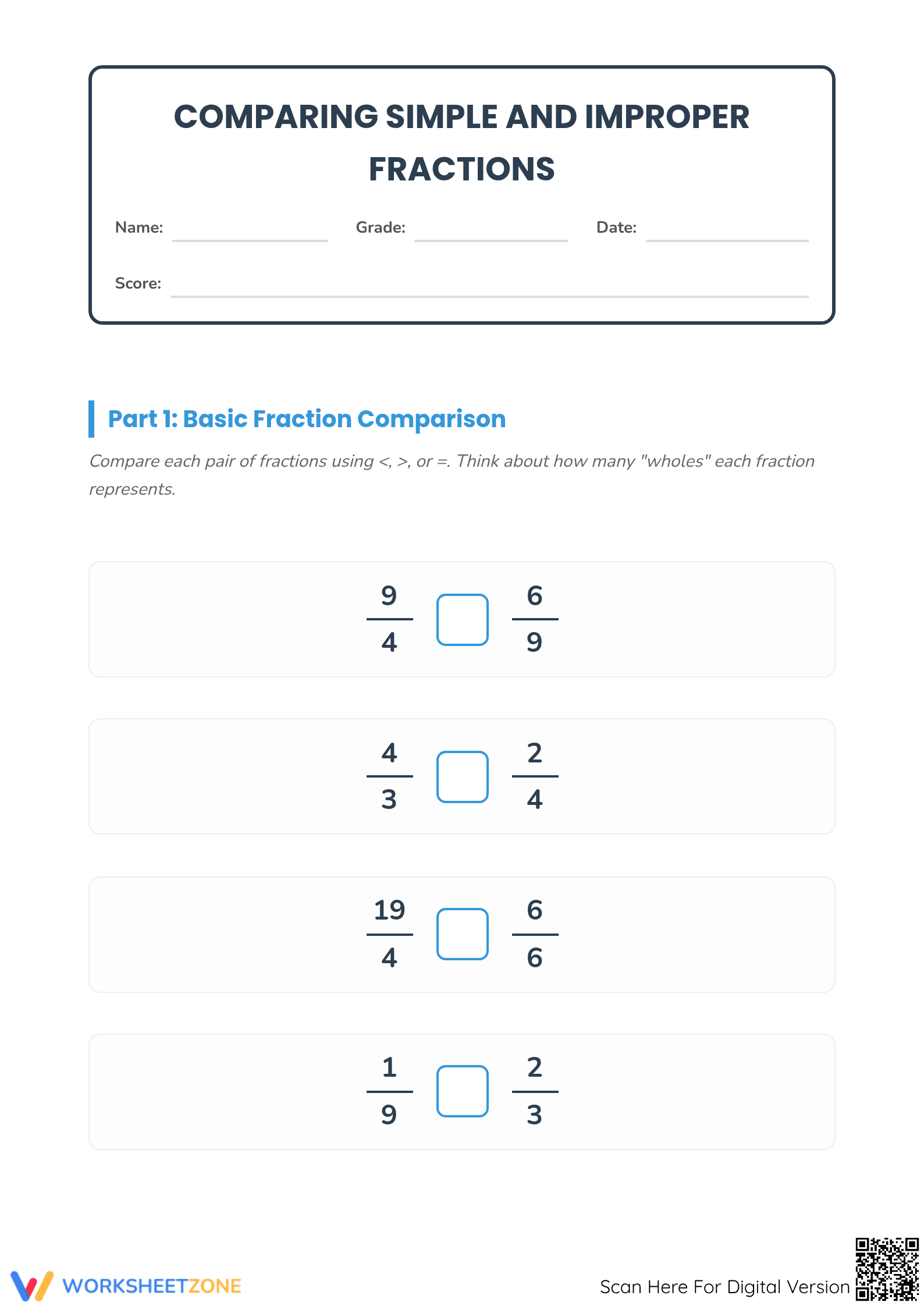 Comparing Simple and Improper Fractions | Essential Math - Page 1