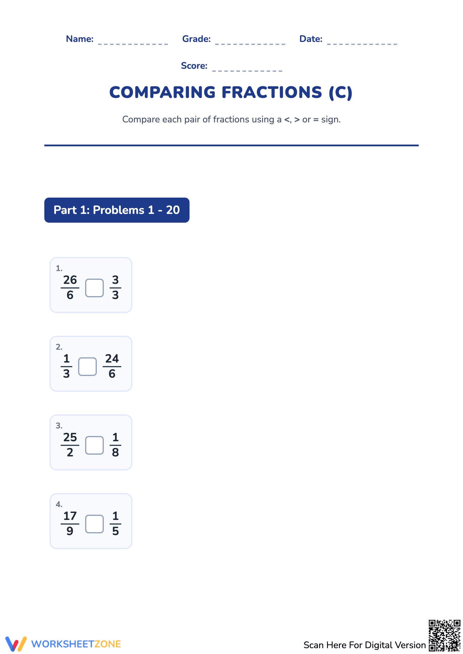 Comparing Simple and Improper Fractions | Printable Math - Page 1
