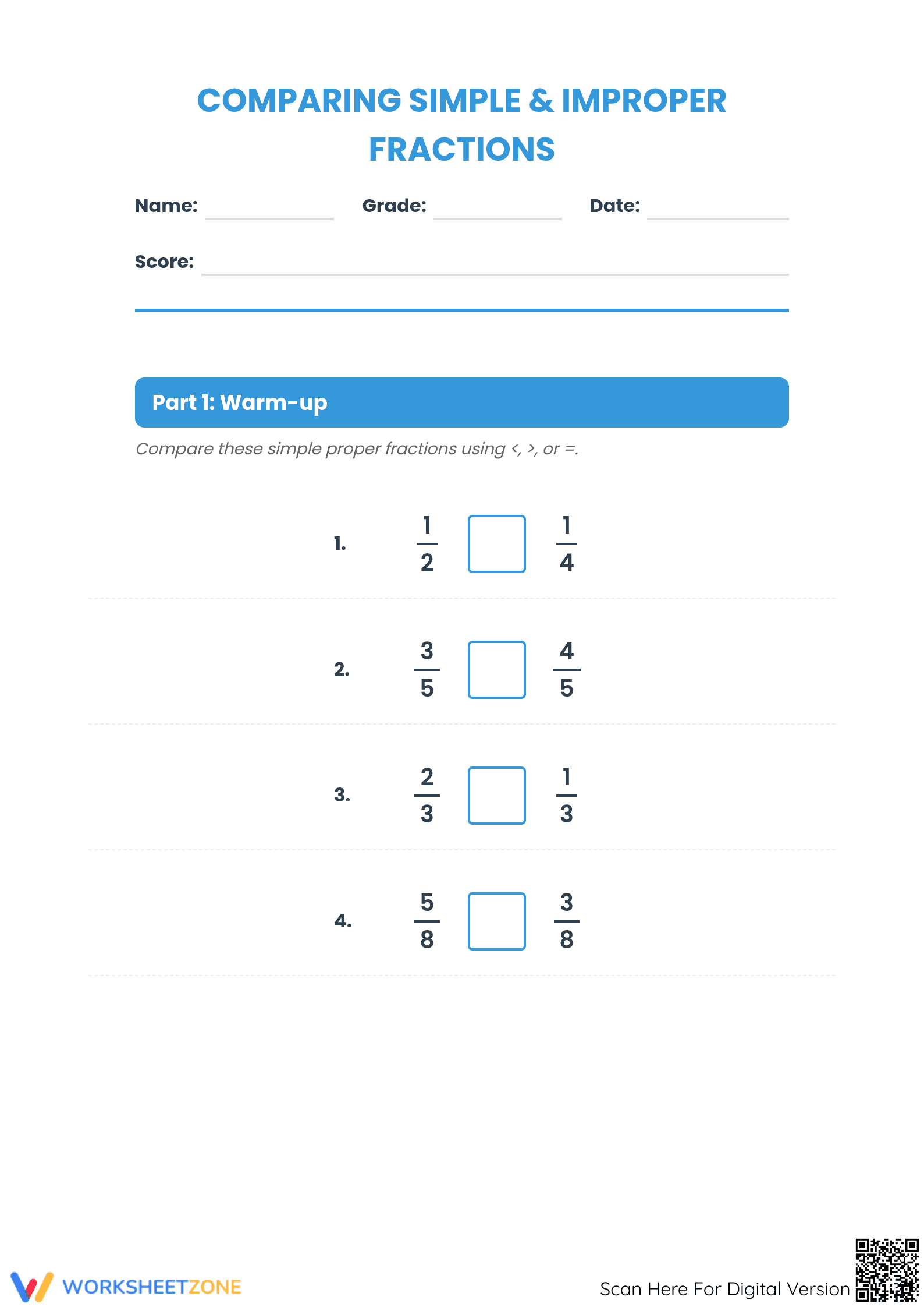 Printable Comparing Simple and Improper Fractions Worksheet - Page 1