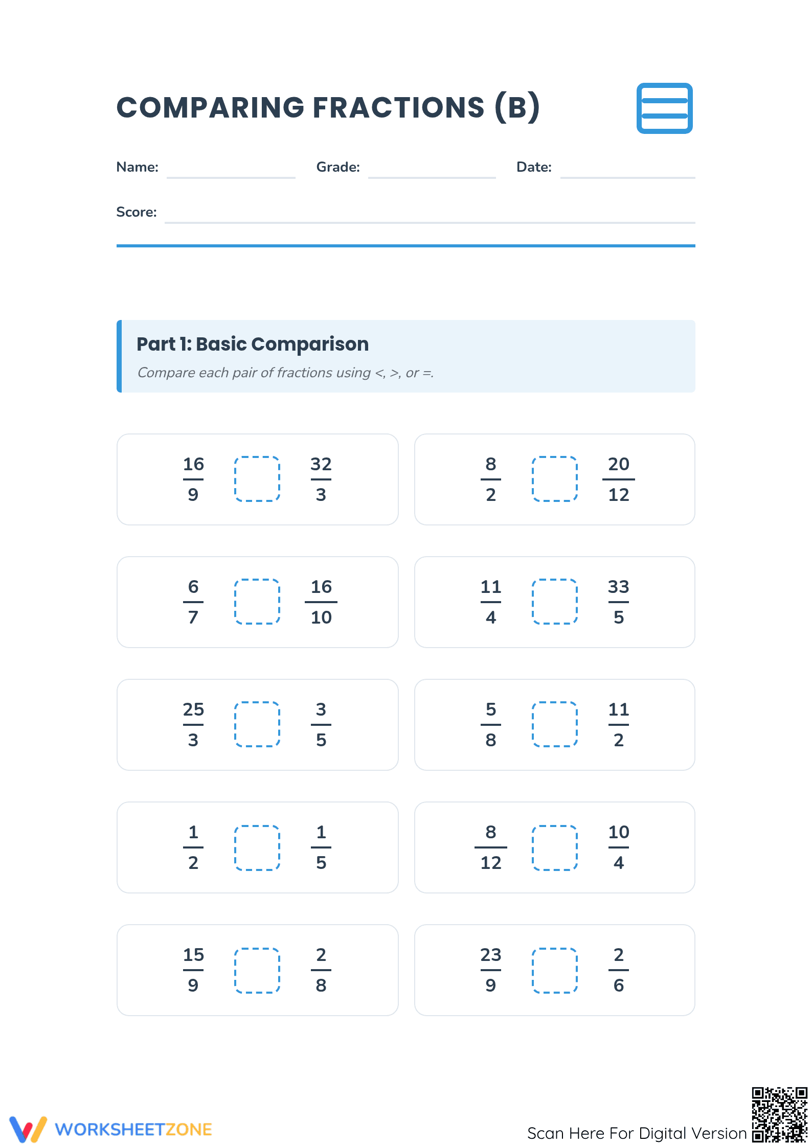 Comparing Improper Fractions — Grade 4 Printable Worksheet - Page 1