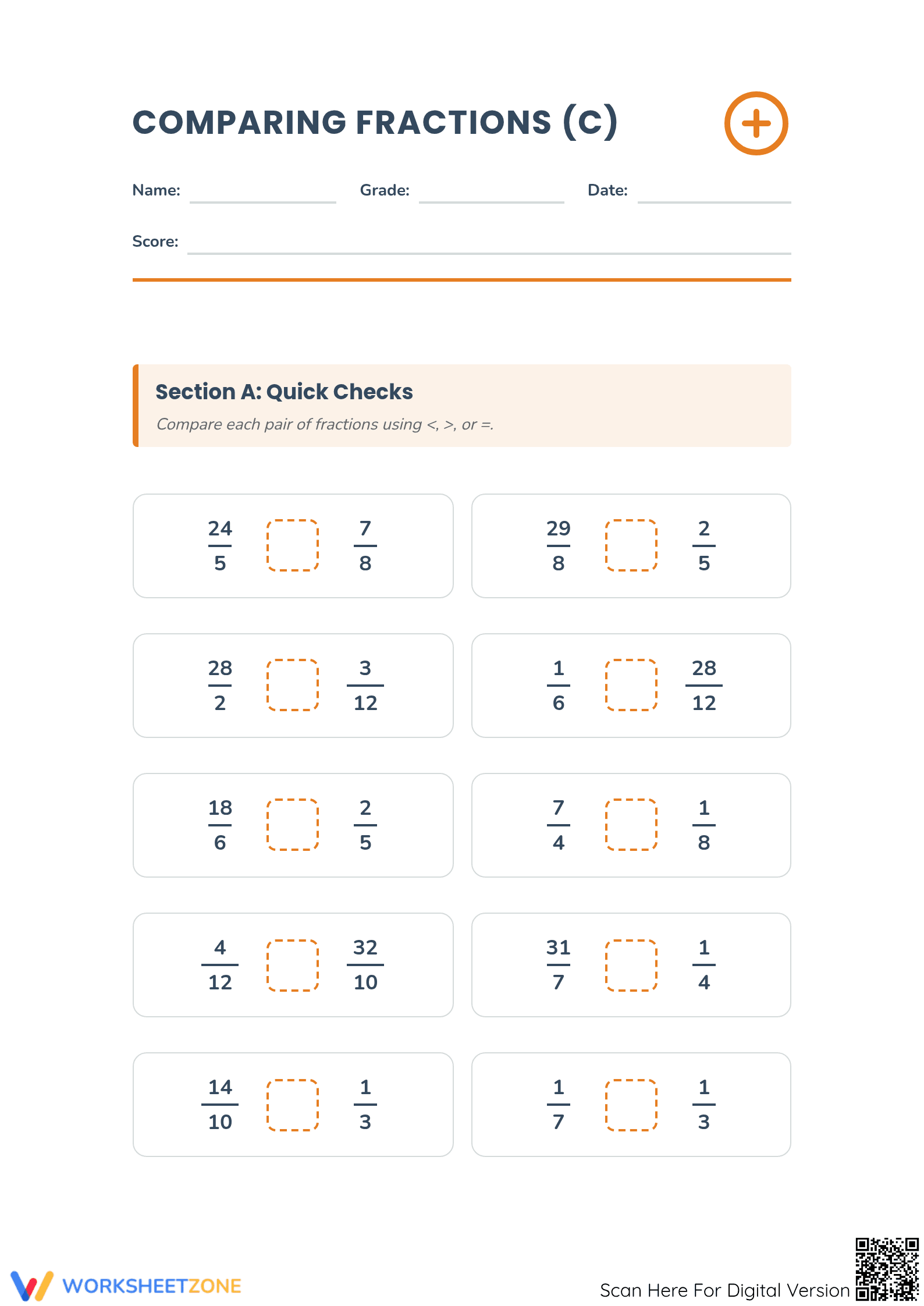 Printable Comparing Simple and Improper Fractions Worksheet - Page 1