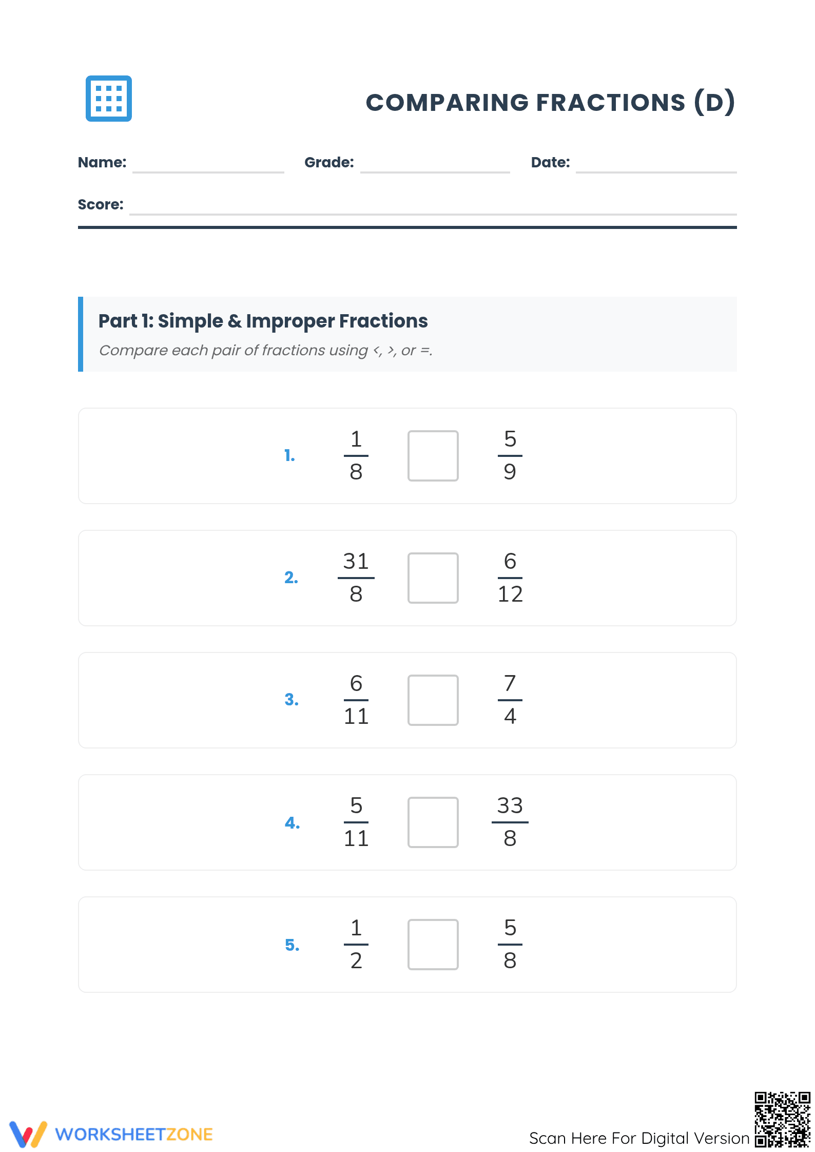 Printable Comparing Simple and Improper Fractions Worksheet - Page 1