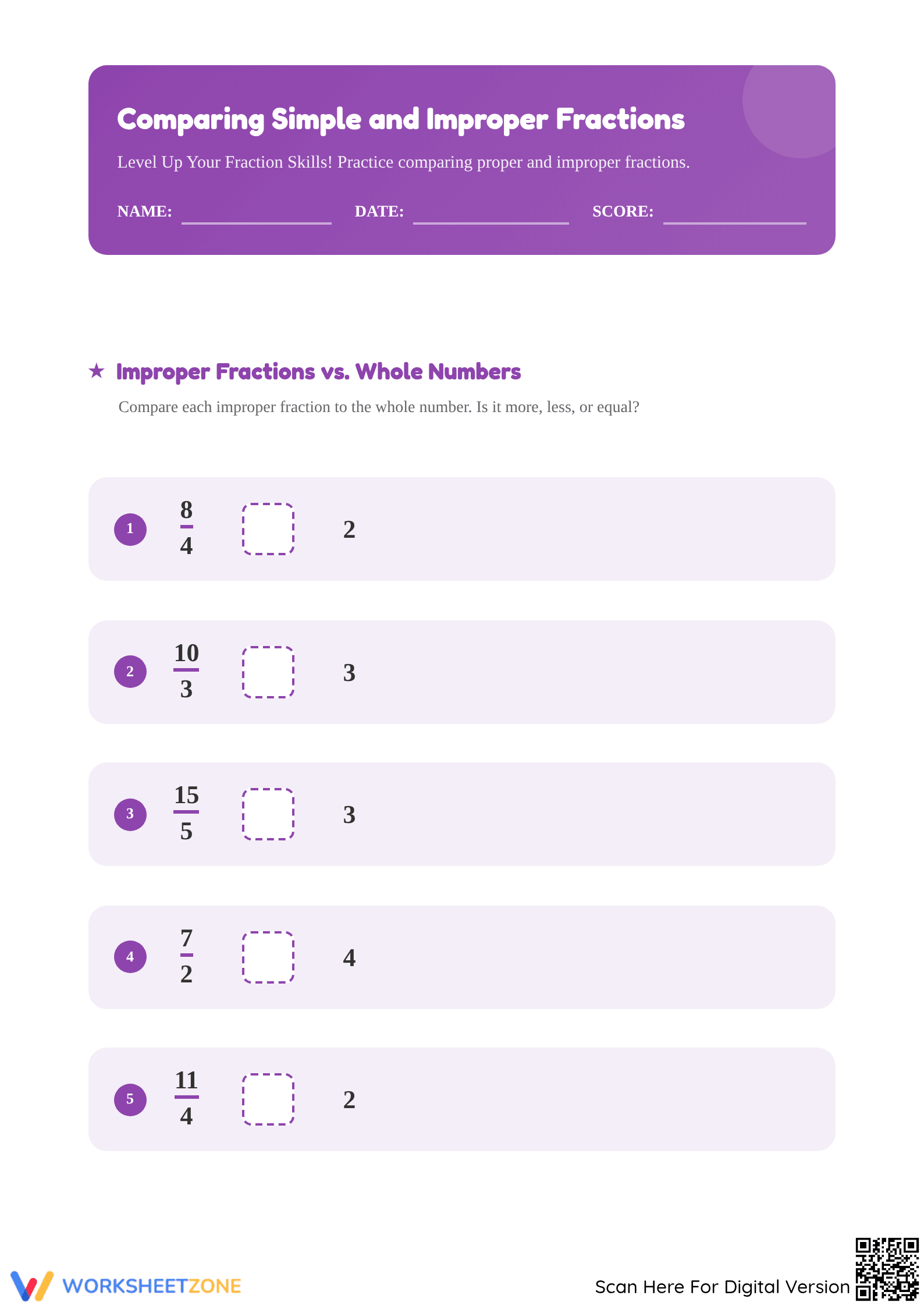 Comparing Simple and Improper Fractions Printable Worksheet - Page 1