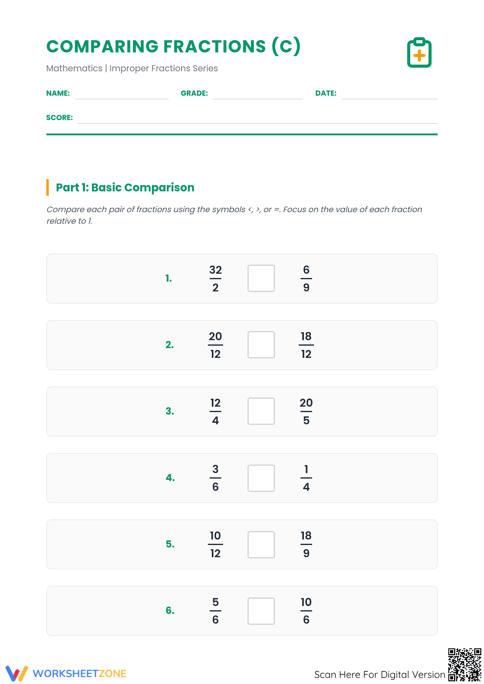 Printable Comparing Improper Fractions Worksheet | Grade 4 - Page 1