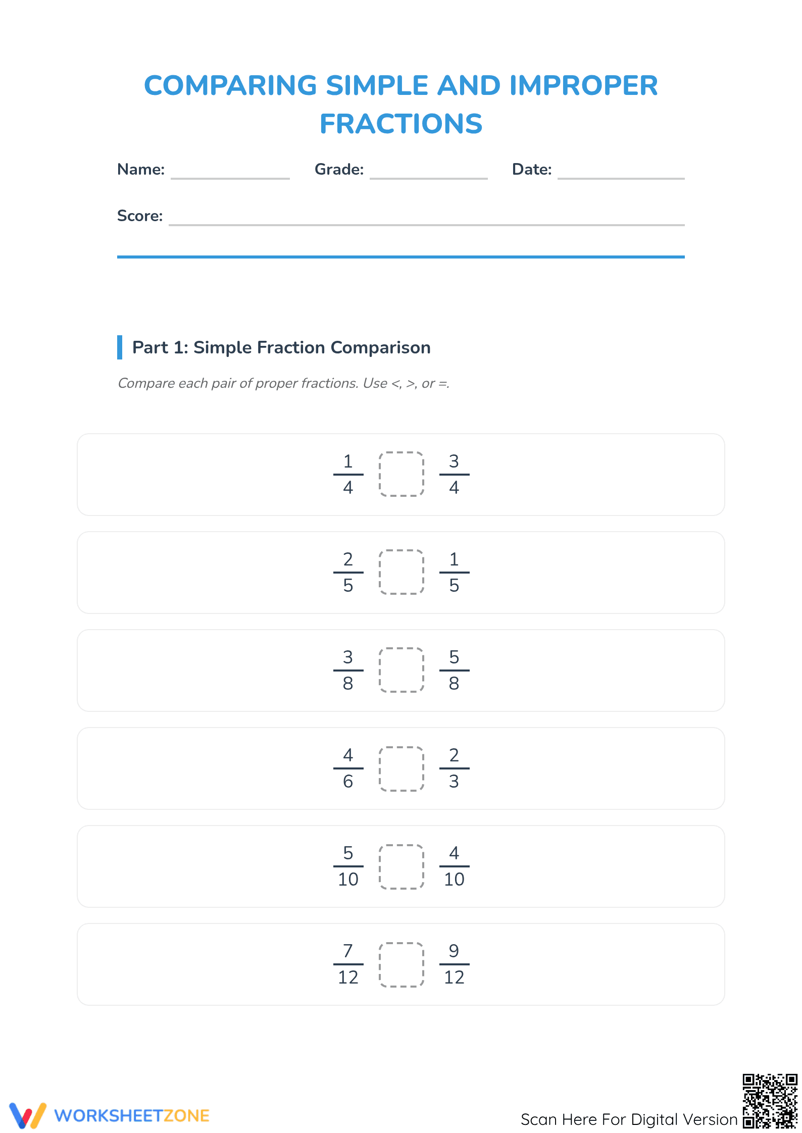 Essential Comparing Simple and Improper Fractions Worksheet - Page 1