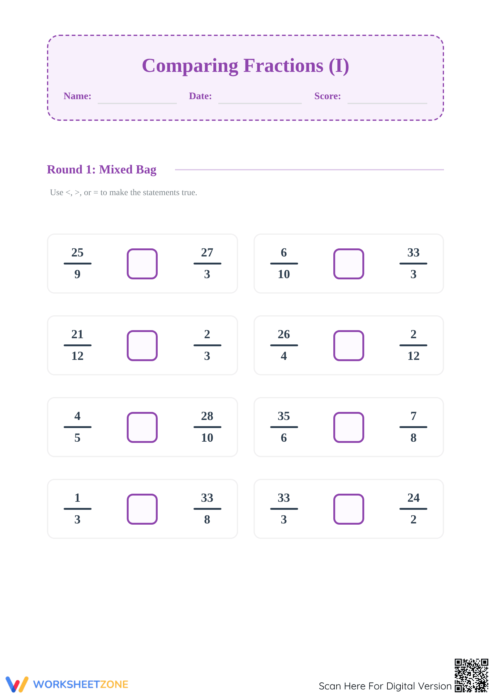 Printable Comparing Simple and Improper Fractions Worksheet - Page 1
