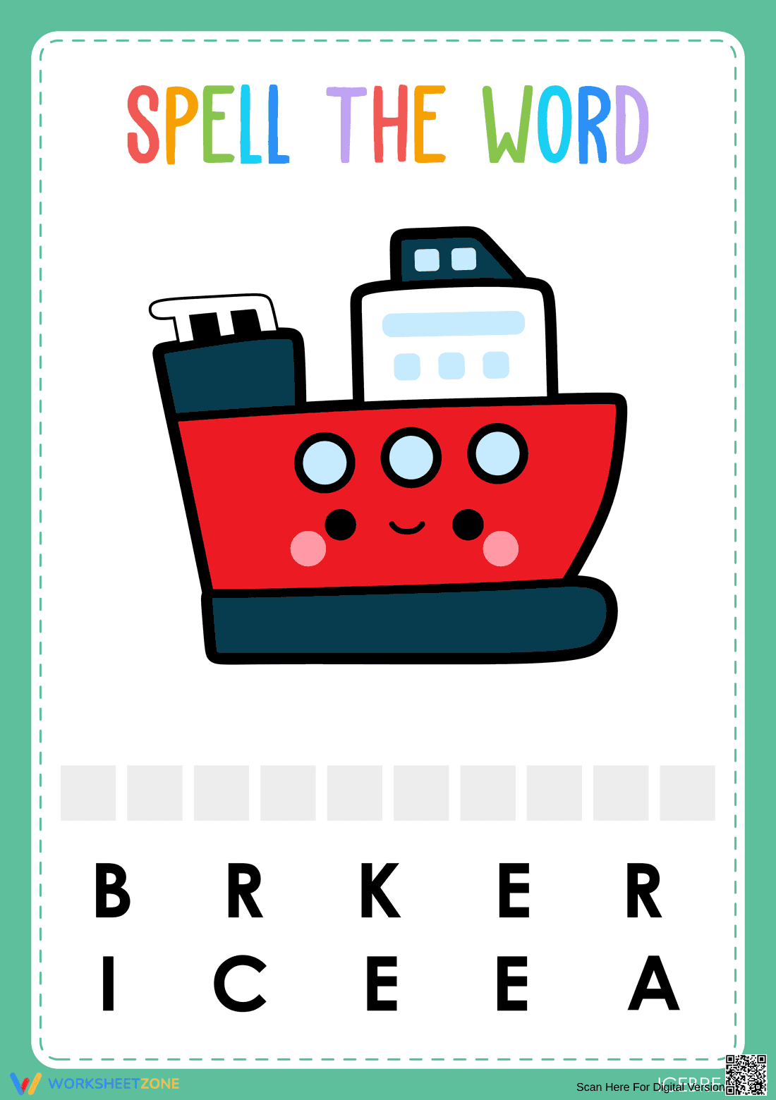 Preschool Spelling Printable | Transportation Word Worksheet - Page 1