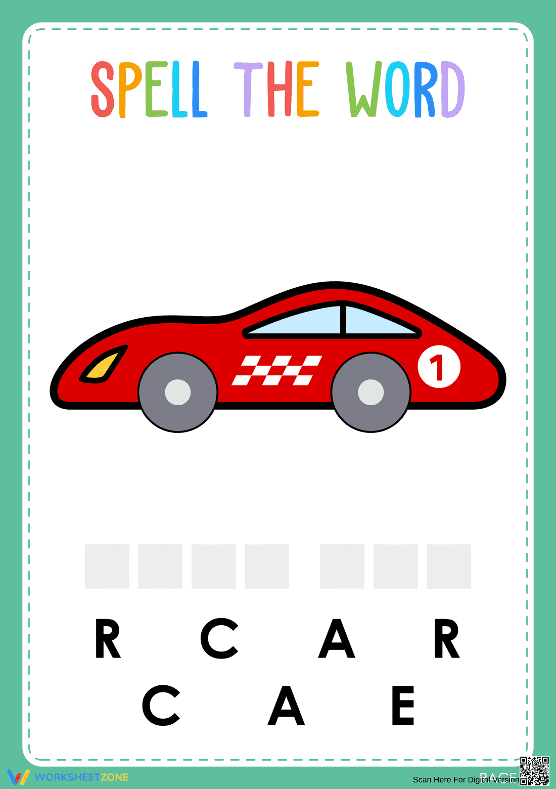Printable Preschool Spelling Worksheet: Transportation - Page 1