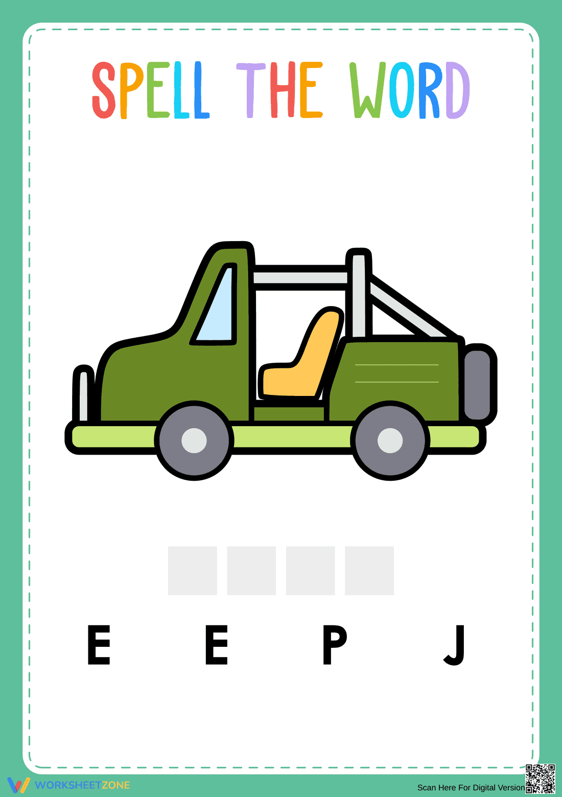 Preschool Jeep Spelling Worksheet | Essential ELA - Page 1