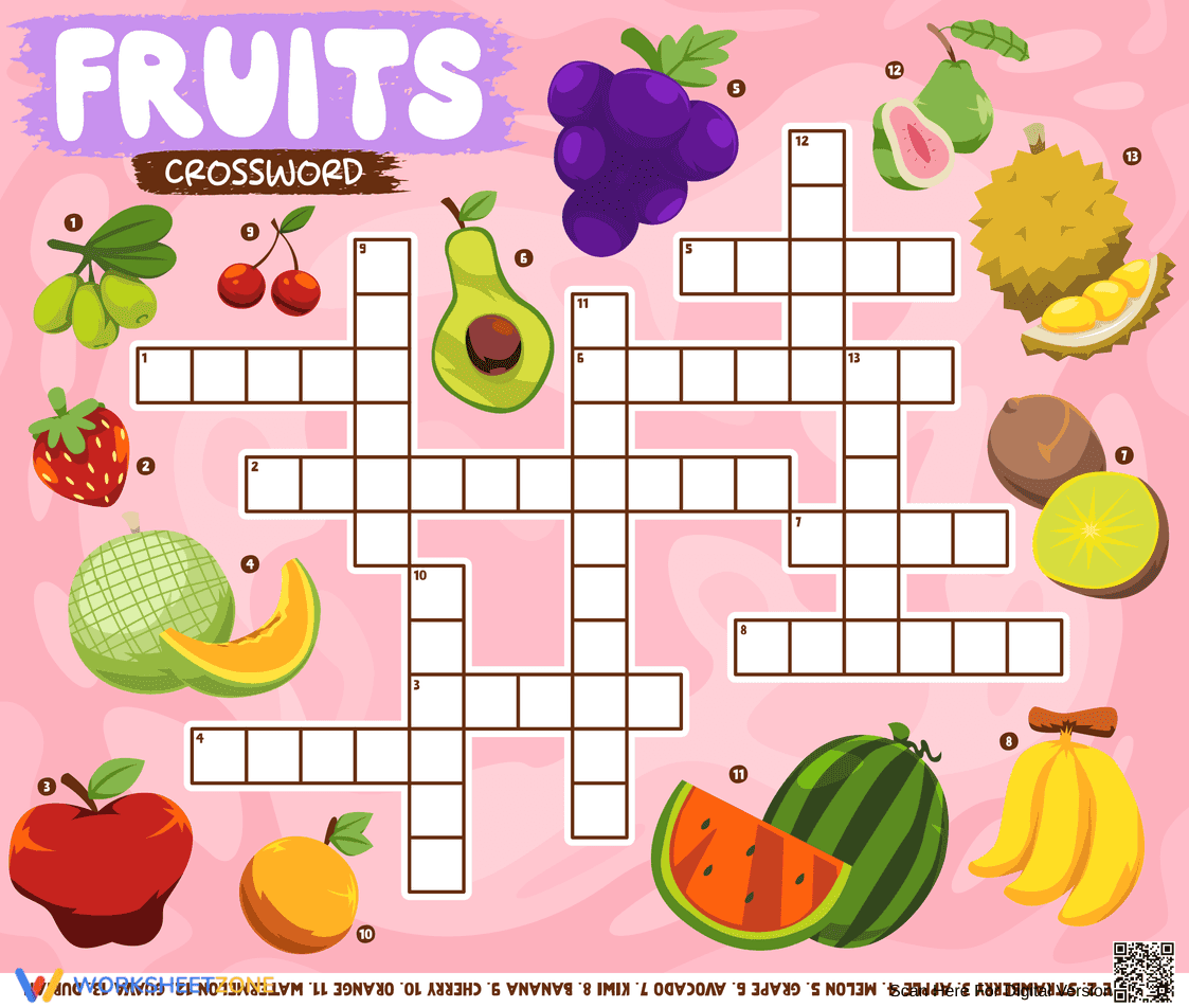Fruits Crossword Worksheet | Essential Kindergarten ELA - Page 1