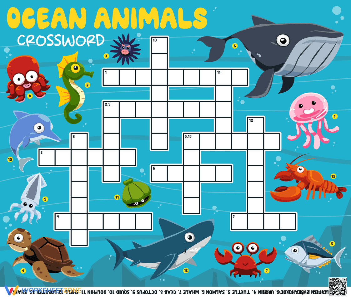 Ocean Animals Crossword | Printable Kindergarten ELA - Page 1