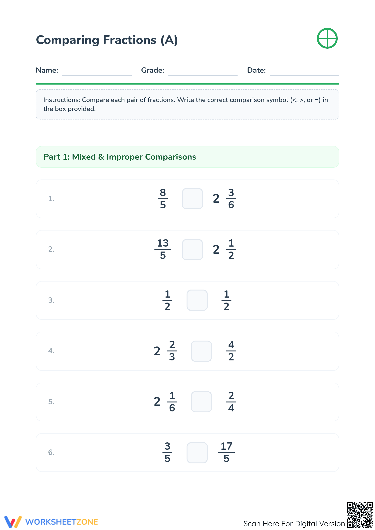 Essential Comparing Fractions Worksheet | Grade 4-5 - Page 1