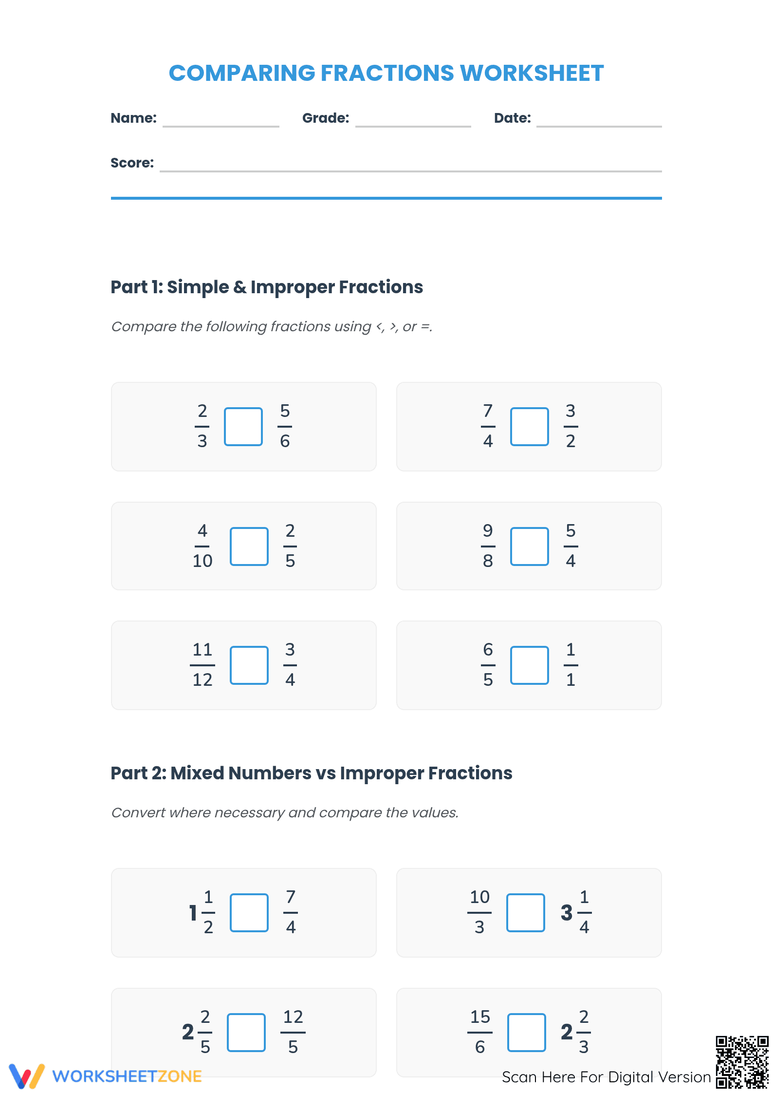 Grade 4 Comparing Fractions — Printable No-Prep Worksheet - Page 1
