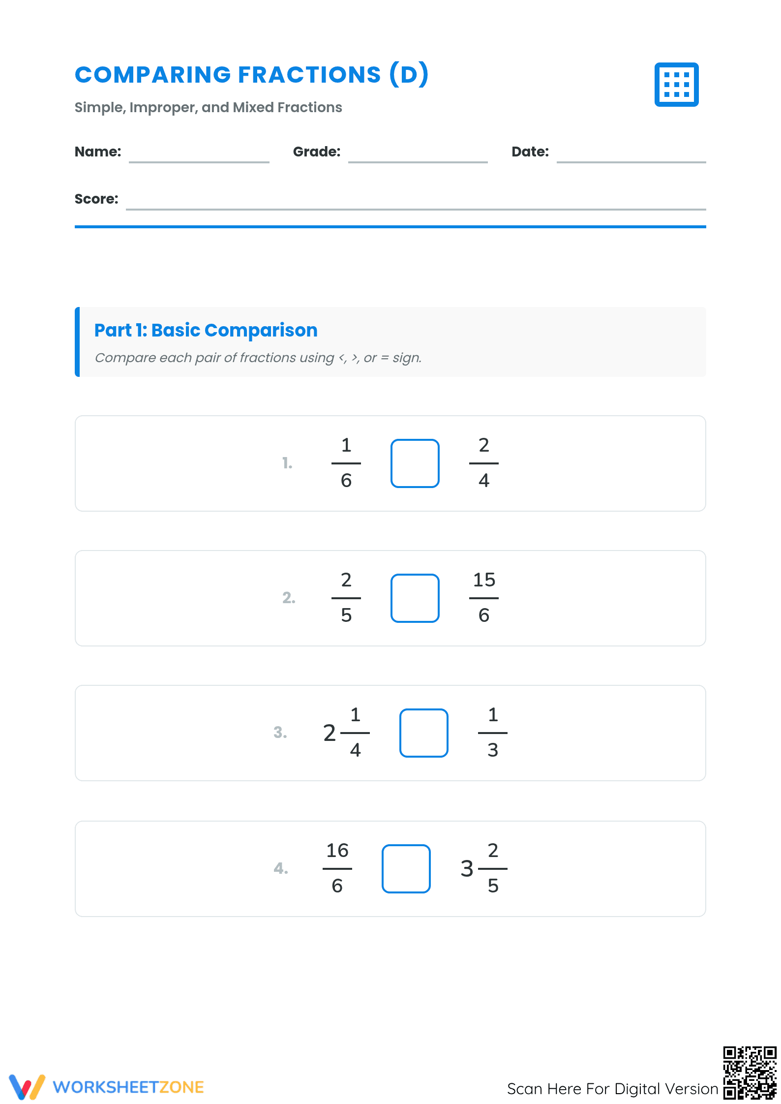 Essential Comparing Fractions Worksheet | Grade 4-5 Math - Page 1
