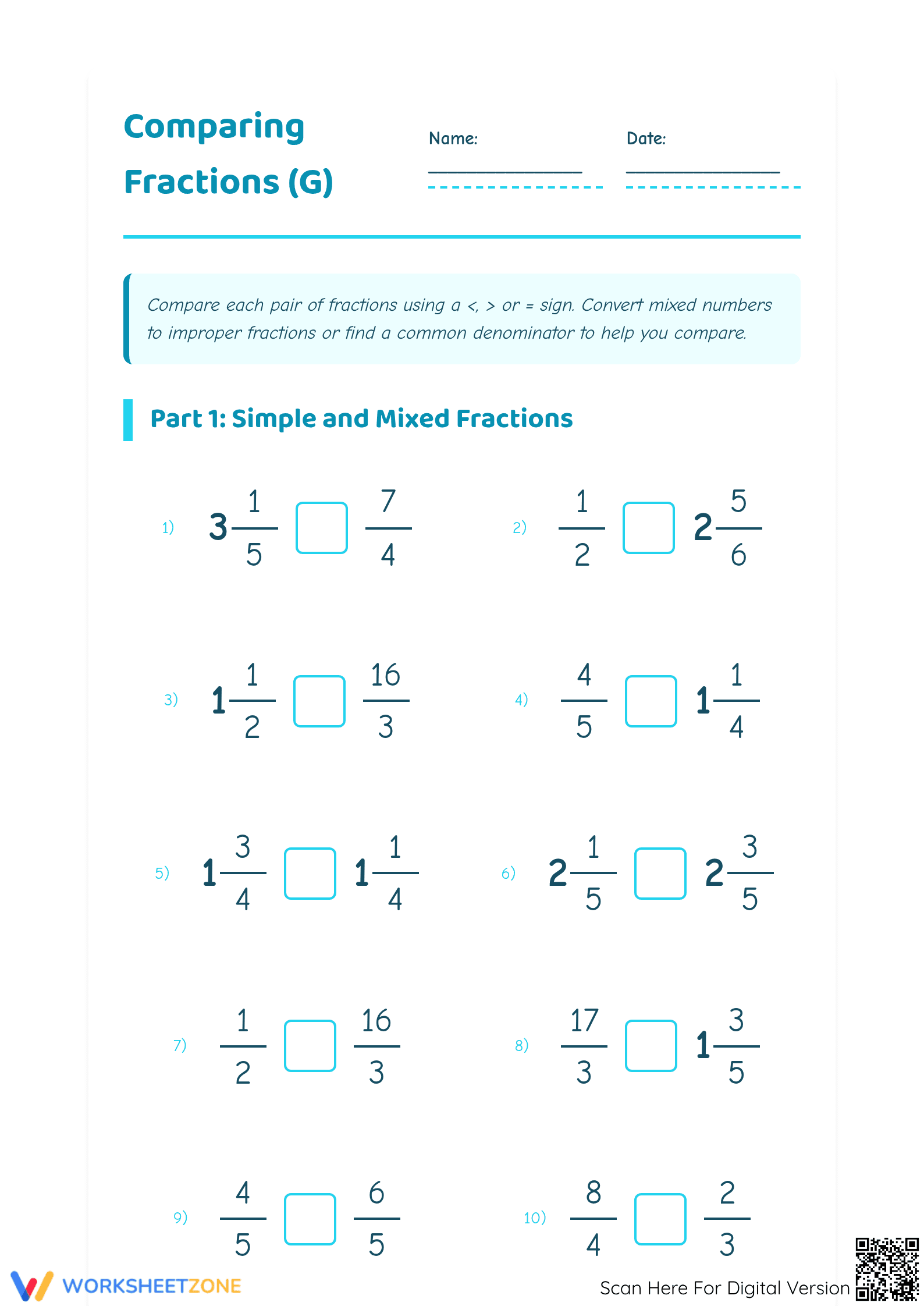 Printable Comparing Simple and Mixed Fractions Worksheet - Page 1