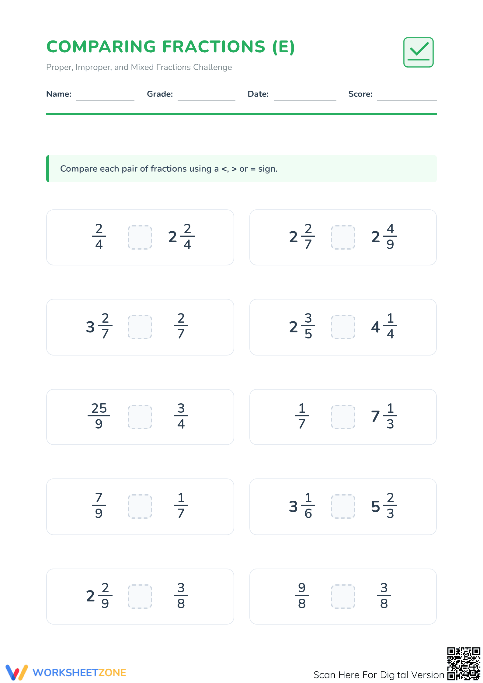 Printable Comparing Fractions Challenge: Improper & Mixed - Page 1