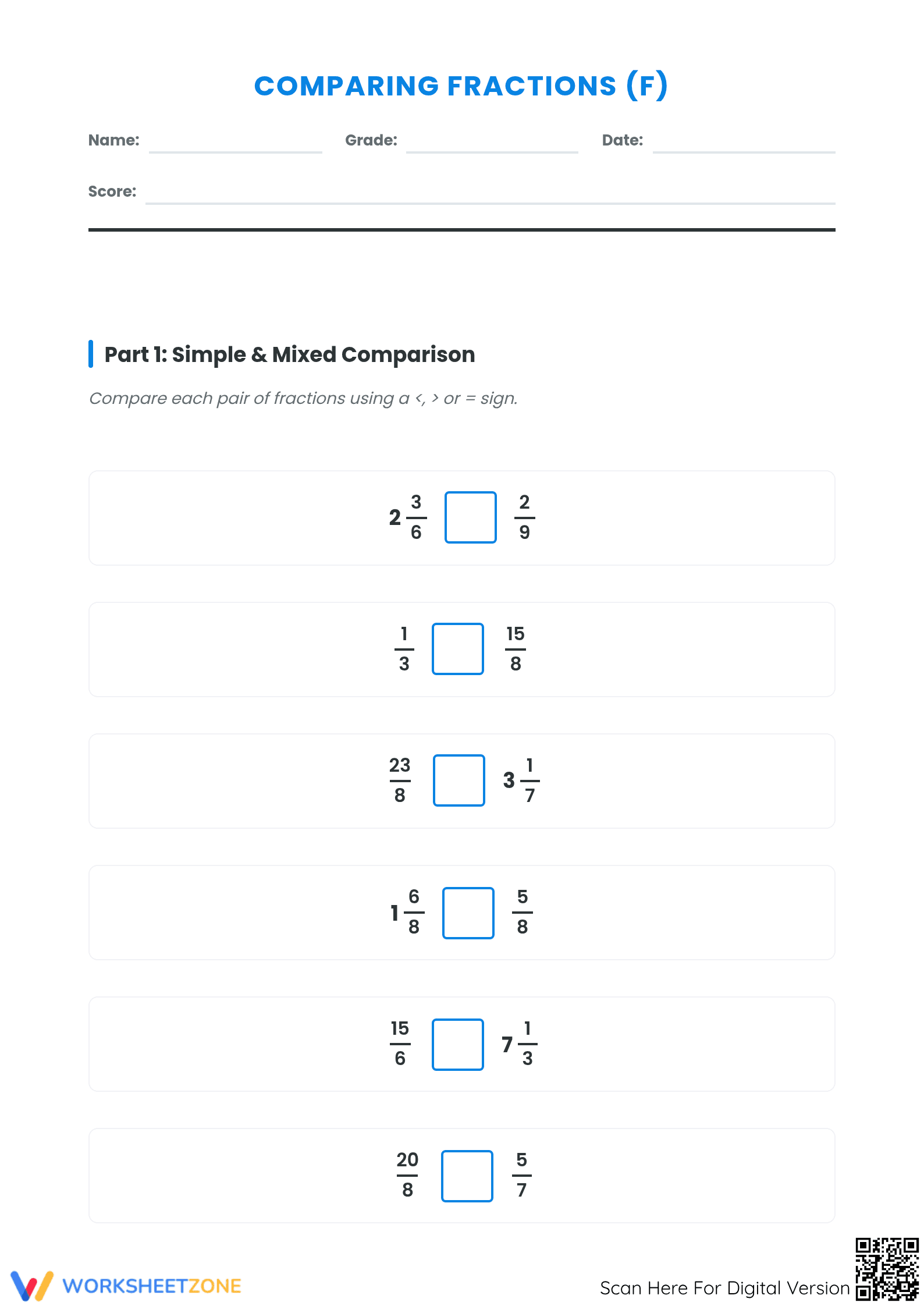 Essential Comparing Fractions Worksheet: Simple to Mixed - Page 1