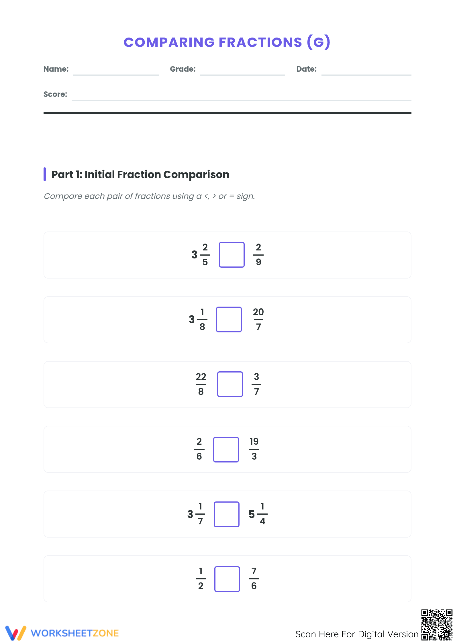 Comparing Fractions Worksheet | Printable Grade 4 Math - Page 1