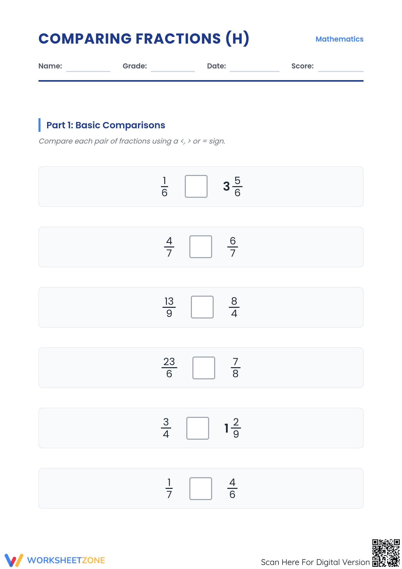 Printable Comparing Fractions Worksheet | Essential Grade 4 - Page 1
