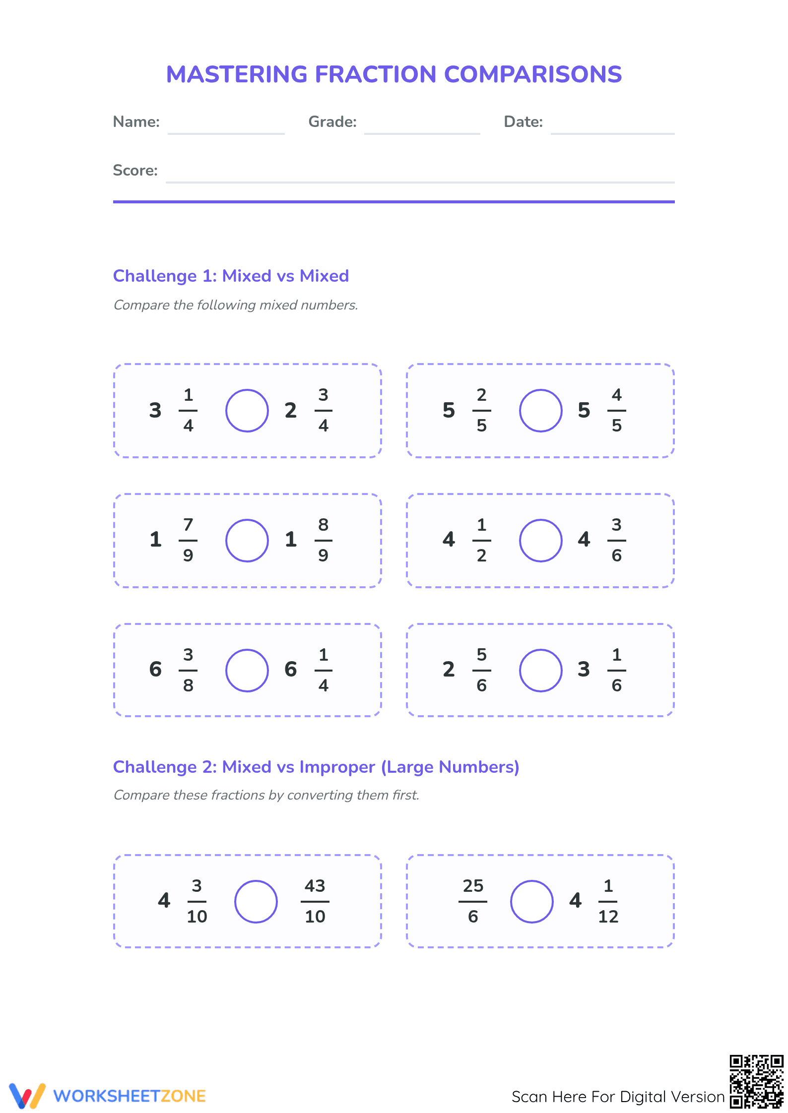 Essential Mixed and Improper Fractions Comparison Worksheet - Page 1