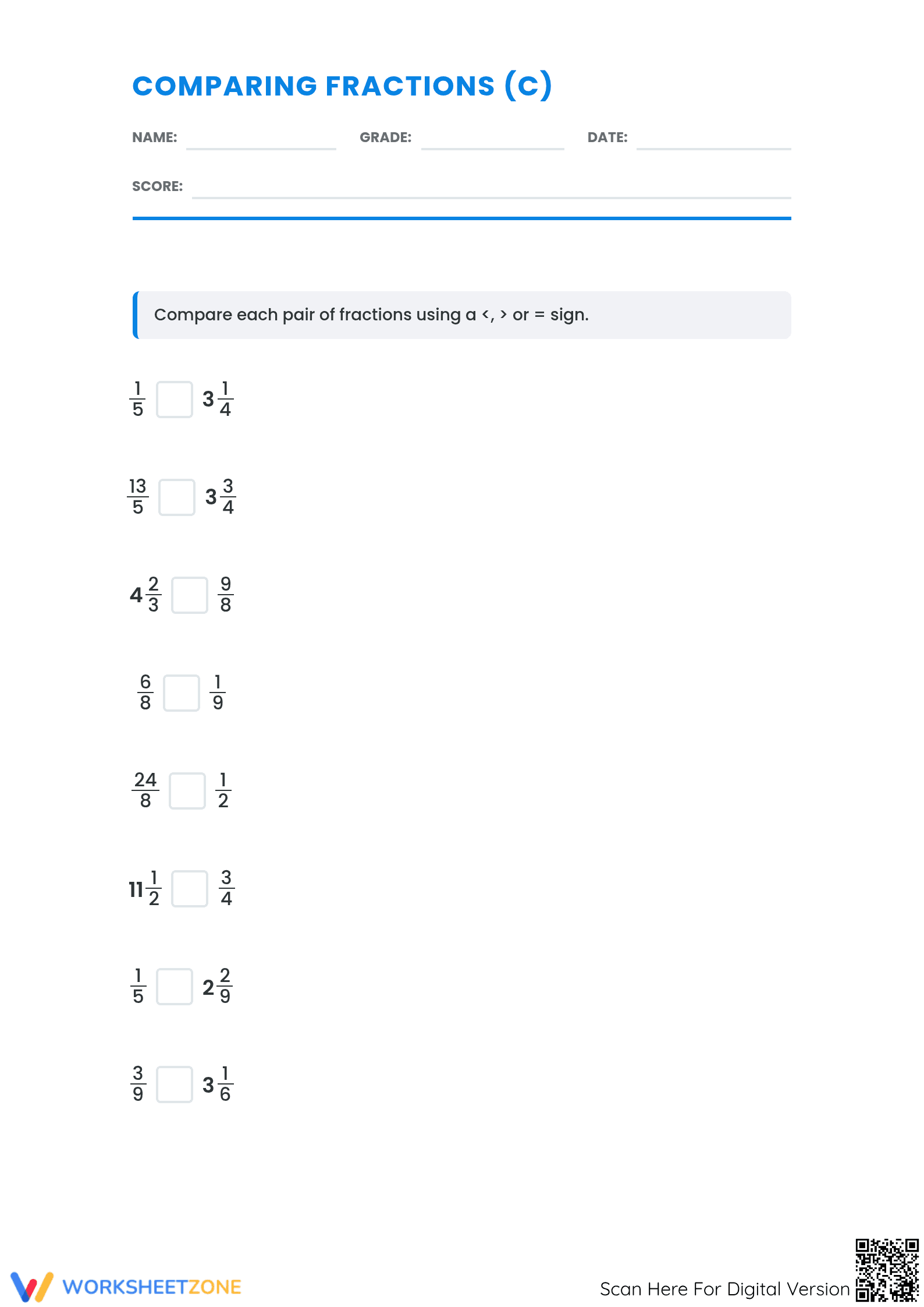 Grade 4 Comparing Fractions — Printable No-Prep Worksheet - Page 1