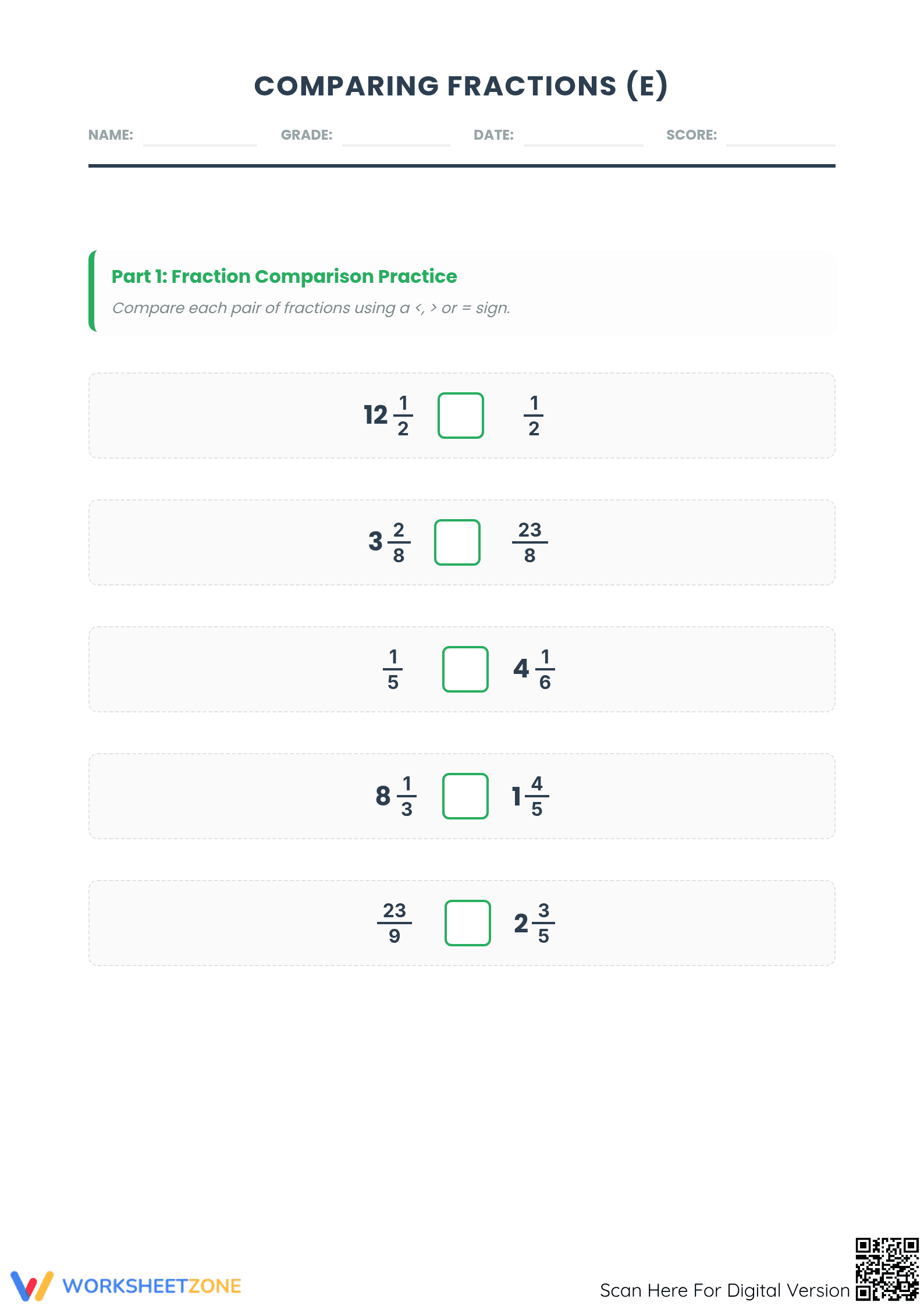 Printable Comparing Fractions Worksheet | Grade 4-5 Math - Page 1