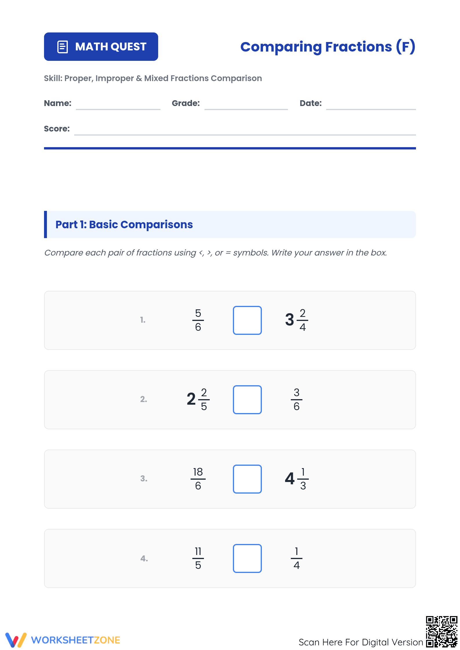 Comparing Fractions Printable Worksheet | Grade 4-6 Math - Page 1