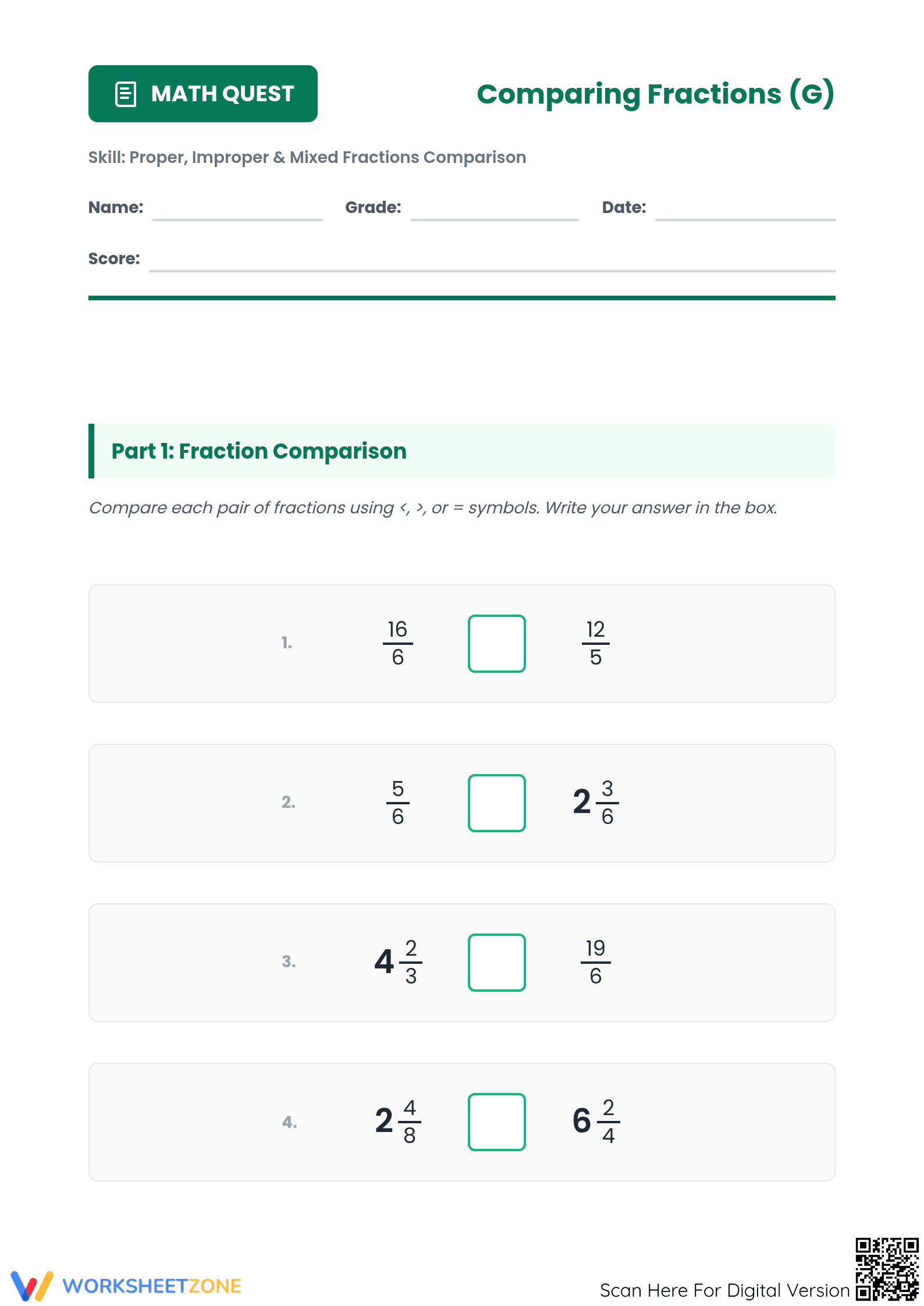 Comparing Improper and Mixed Fractions | Printable Math - Page 1