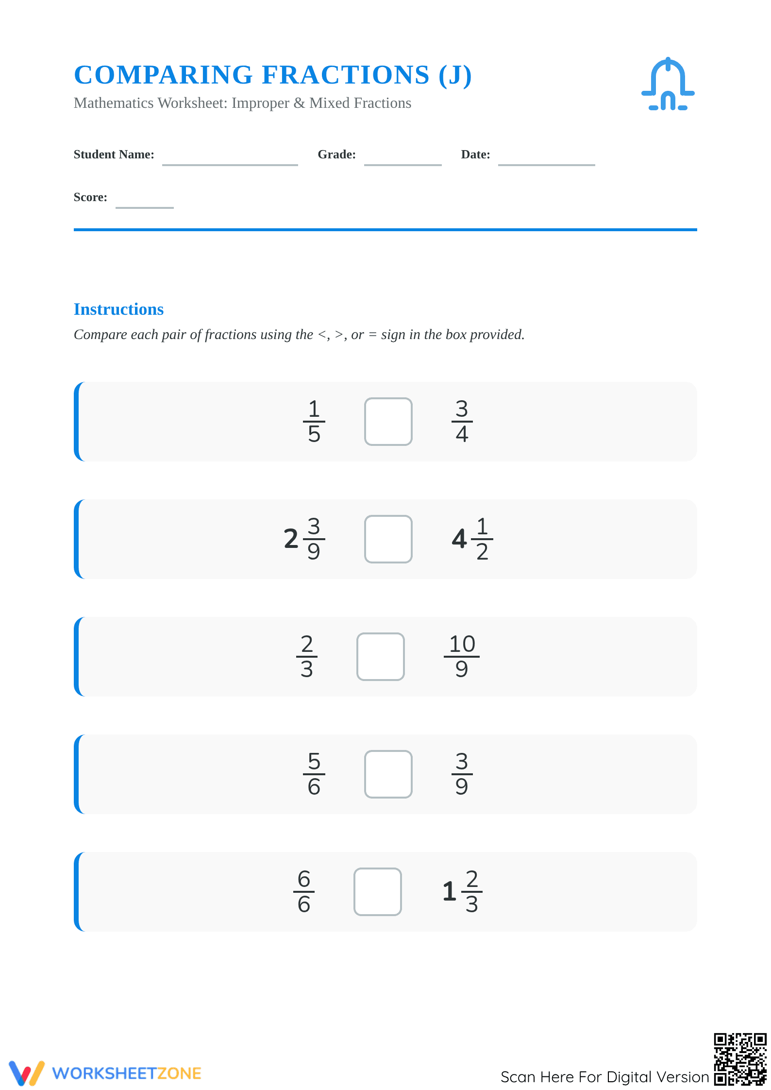 Printable Comparing Fractions Worksheet | Grades 4-5 Aligned - Page 1