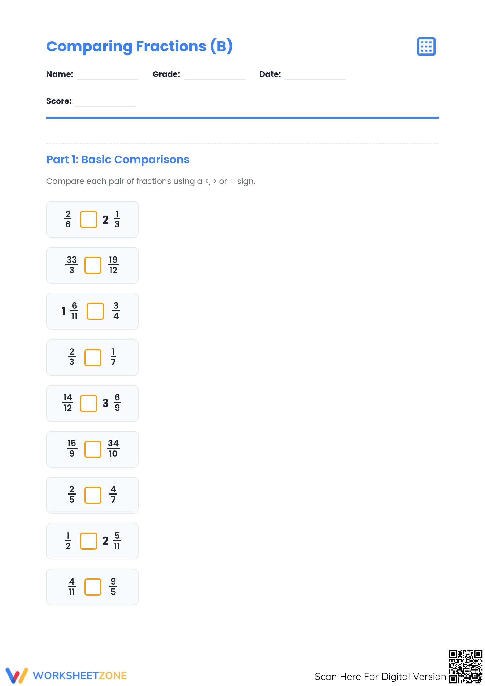 Essential Grade 4 Fractions: Comparing Mixed & Improper - Page 1