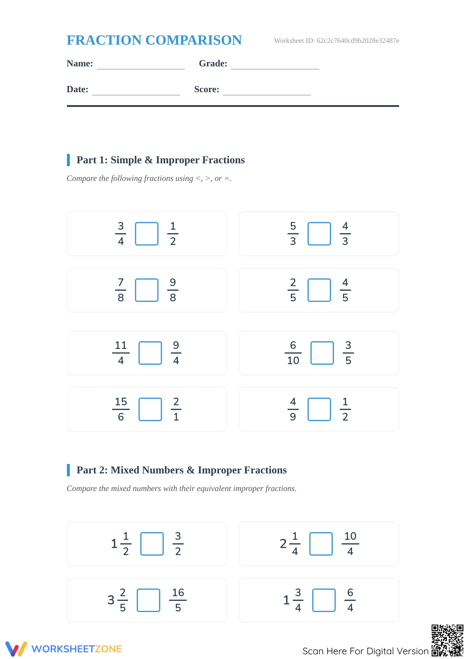 Printable Comparing Fractions Worksheet | Grade 4-5 Math - Page 1