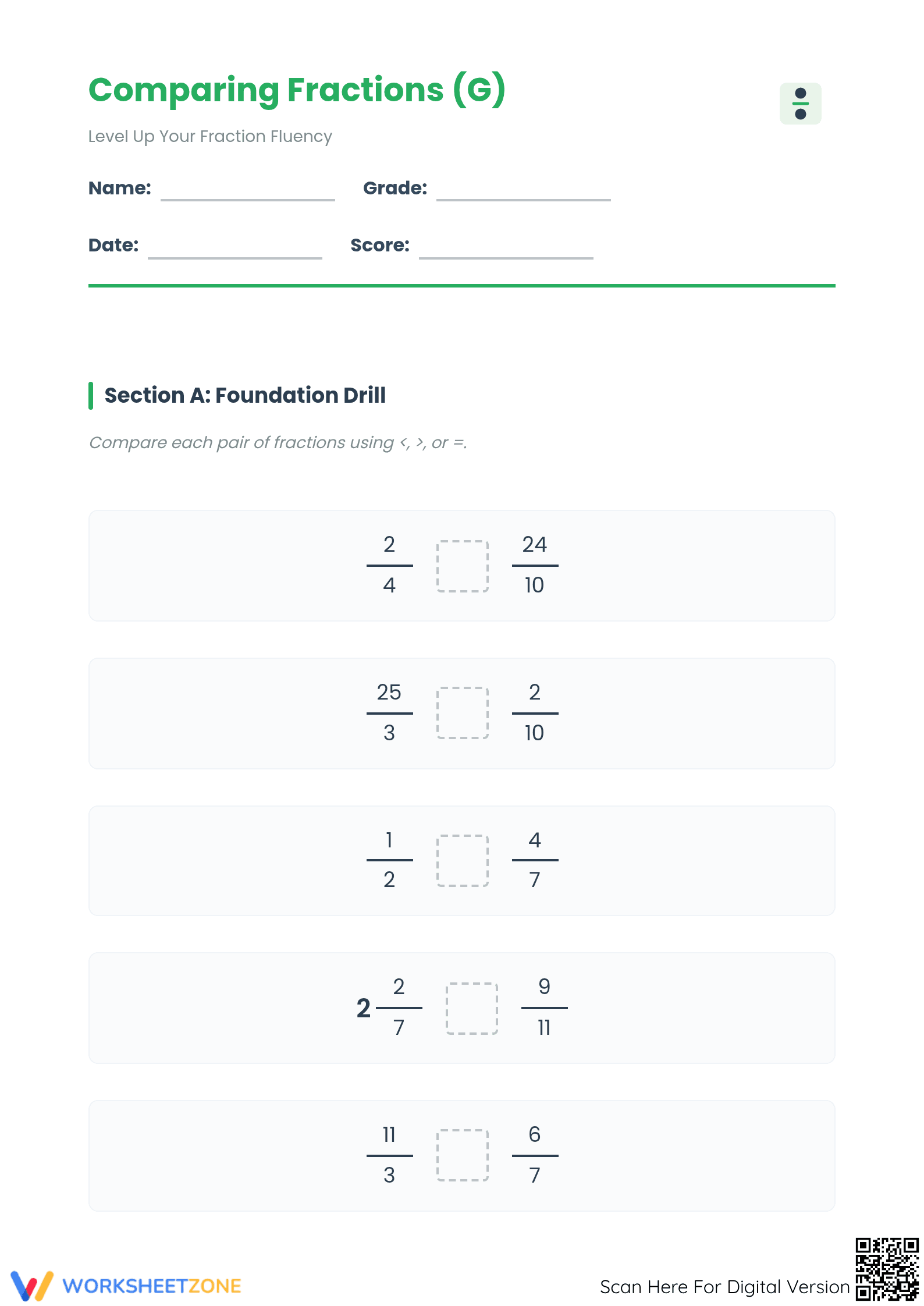 Essential 4.NF.A.2 Comparing Fractions Worksheet for Grade 4 - Page 1