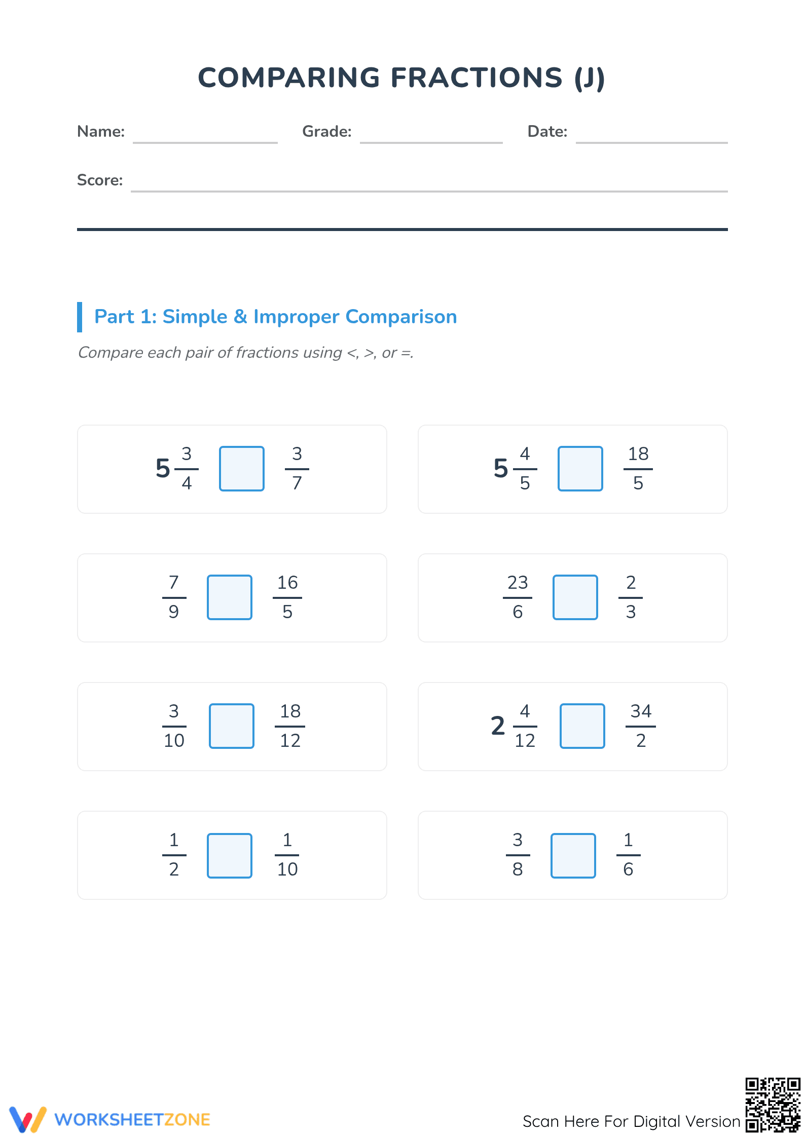 Printable Comparing Fractions Worksheet | Grade 4-5 Math - Page 1