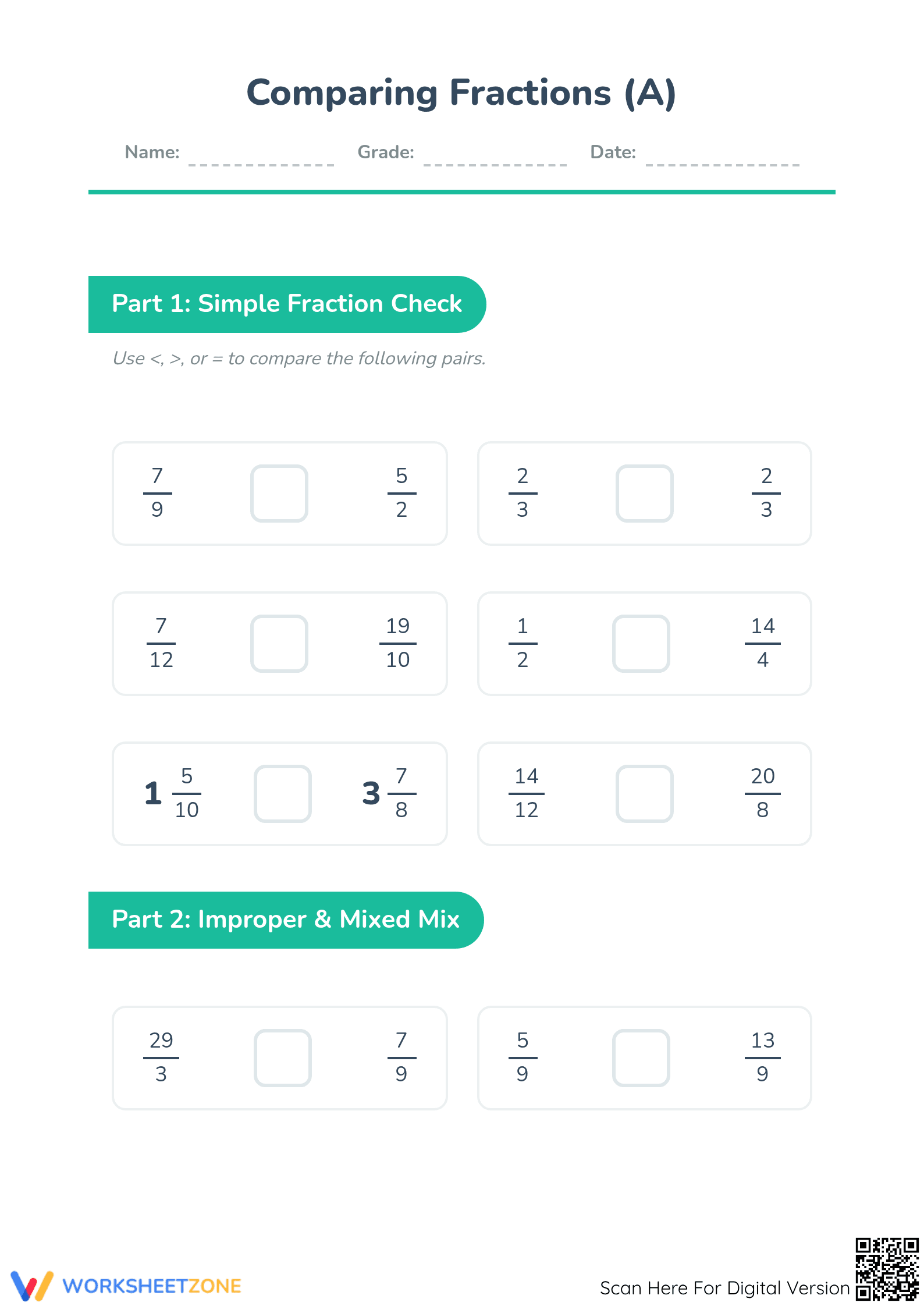 Printable Comparing Fractions Worksheet | Grade 4-6 - Page 1