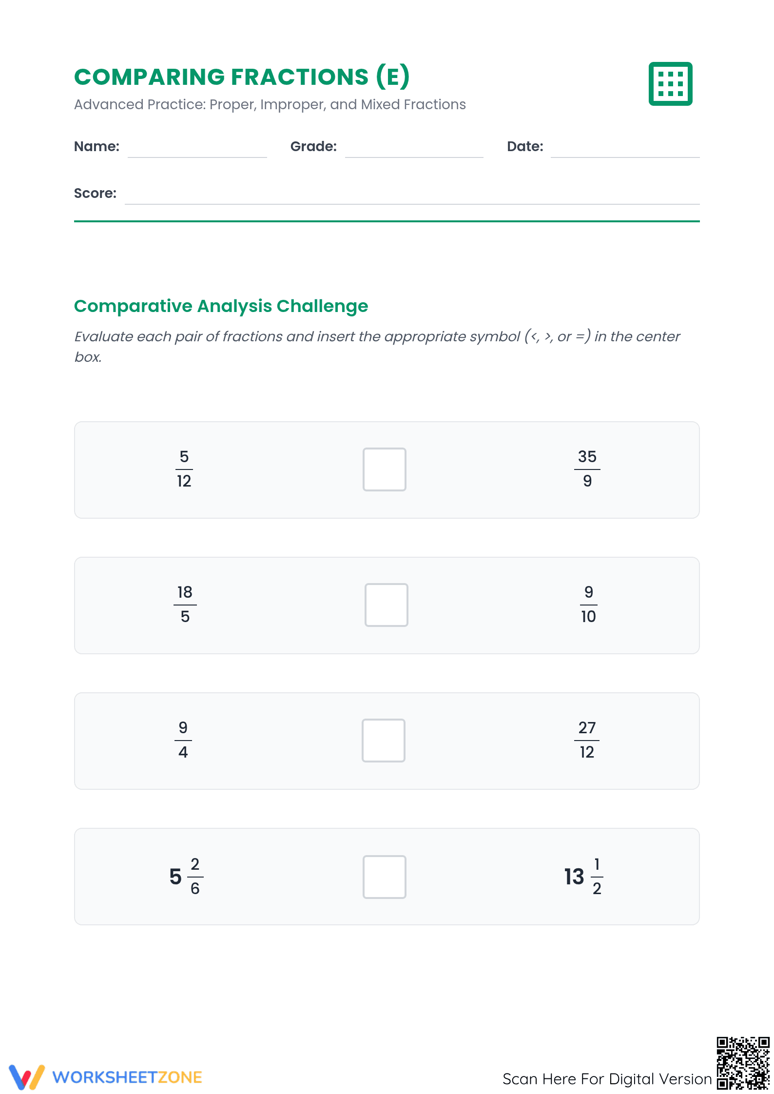 Printable Comparing Proper & Mixed Fractions Grade 4-5 - Page 1