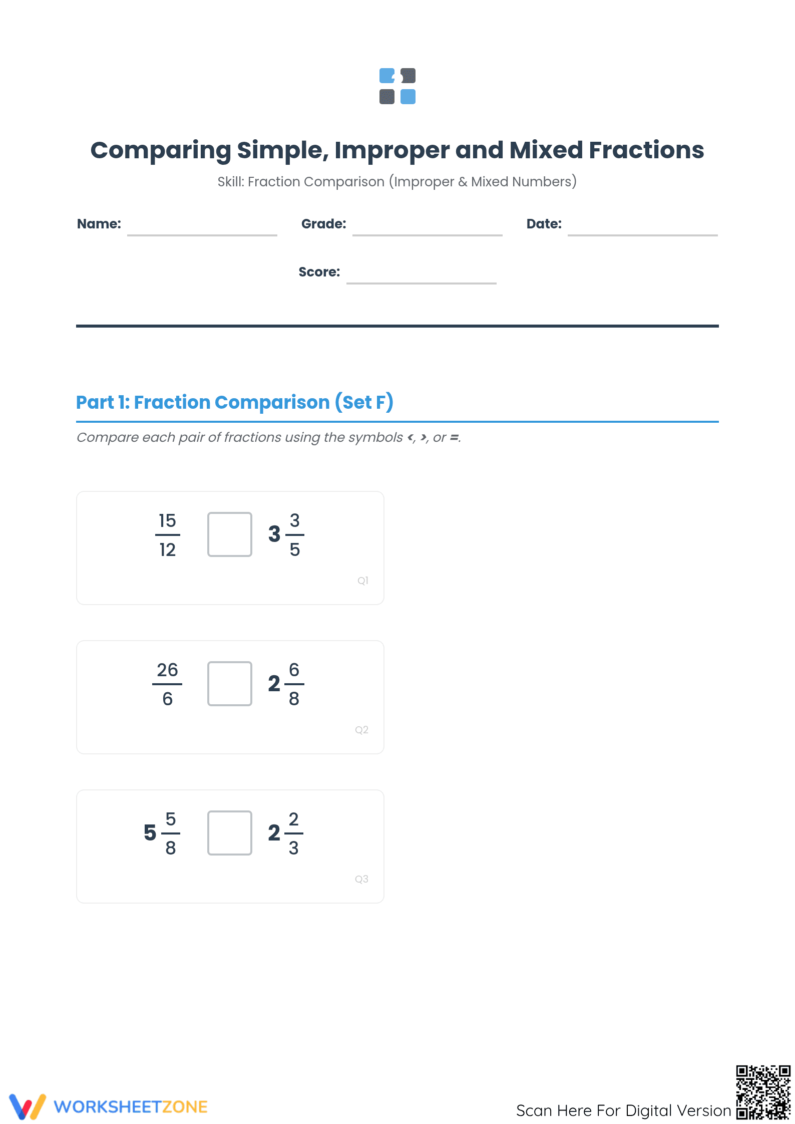 Printable Comparing Simple, Improper and Mixed Fractions - Page 1