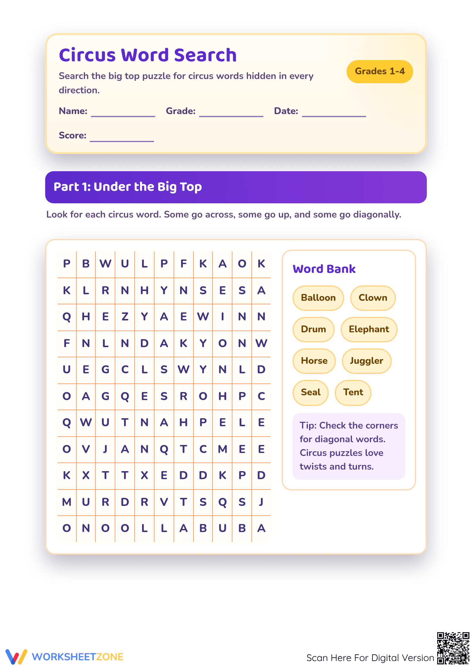 Printable Circus Word Search & Puzzle — Grades 1-4 - Page 1