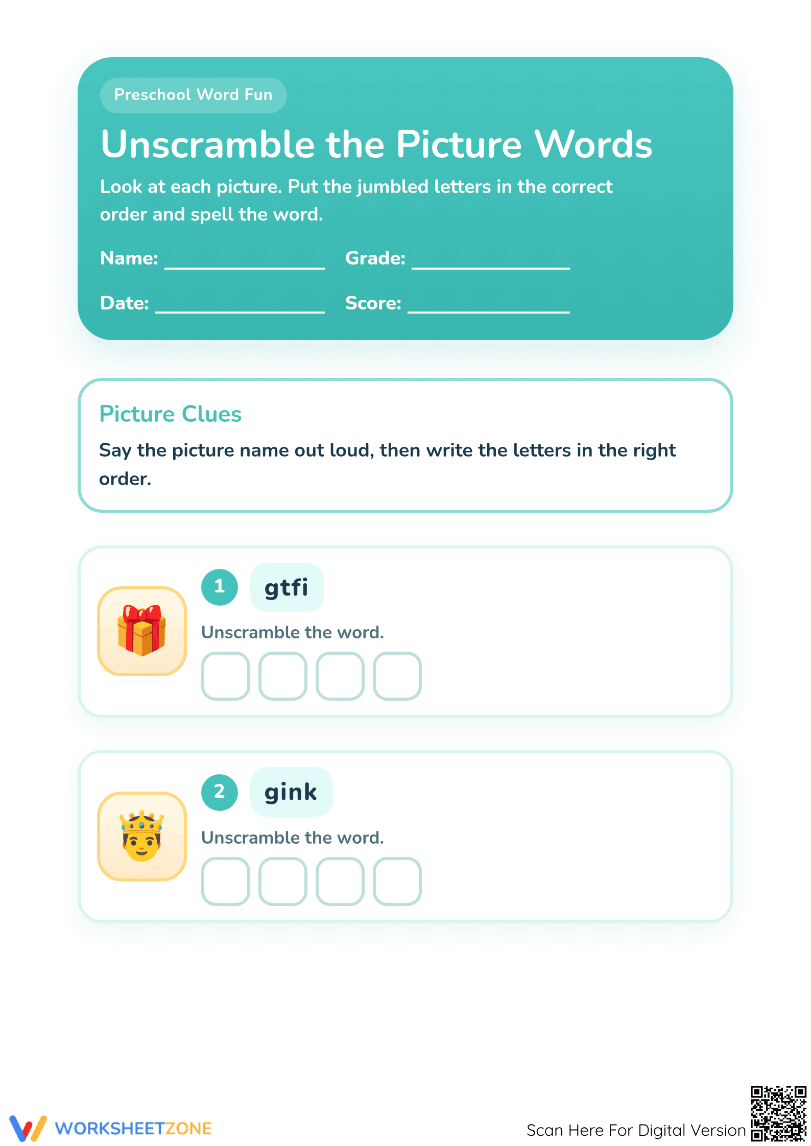 Printable Unscramble the Picture Words | Preschool ELA - Page 1
